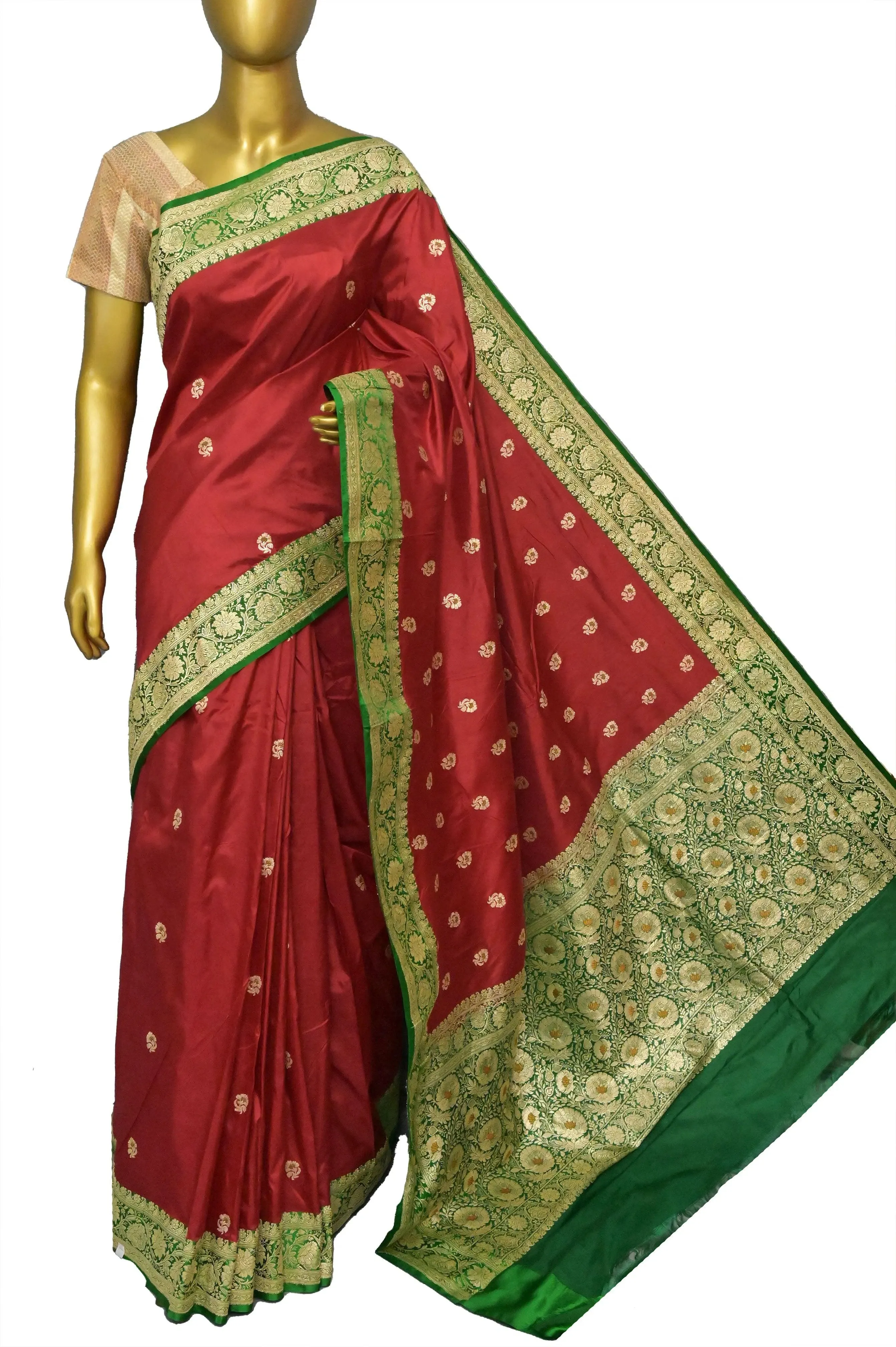 Red and Green Color Korial Katan Banarasi Saree with Meenakari Work