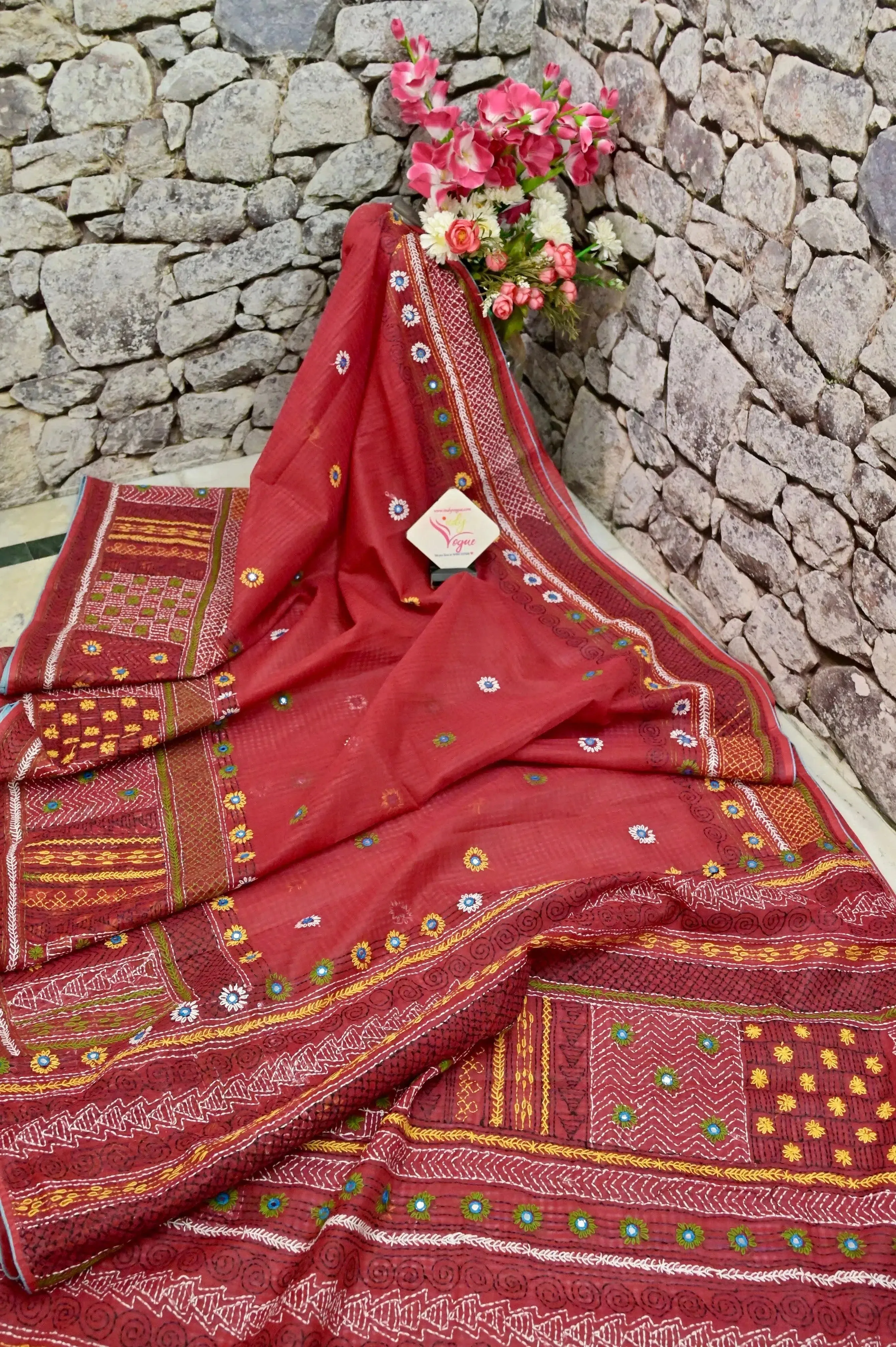 Red Color Resham Kota Saree with hand Lambani Embroidery and Piping Border