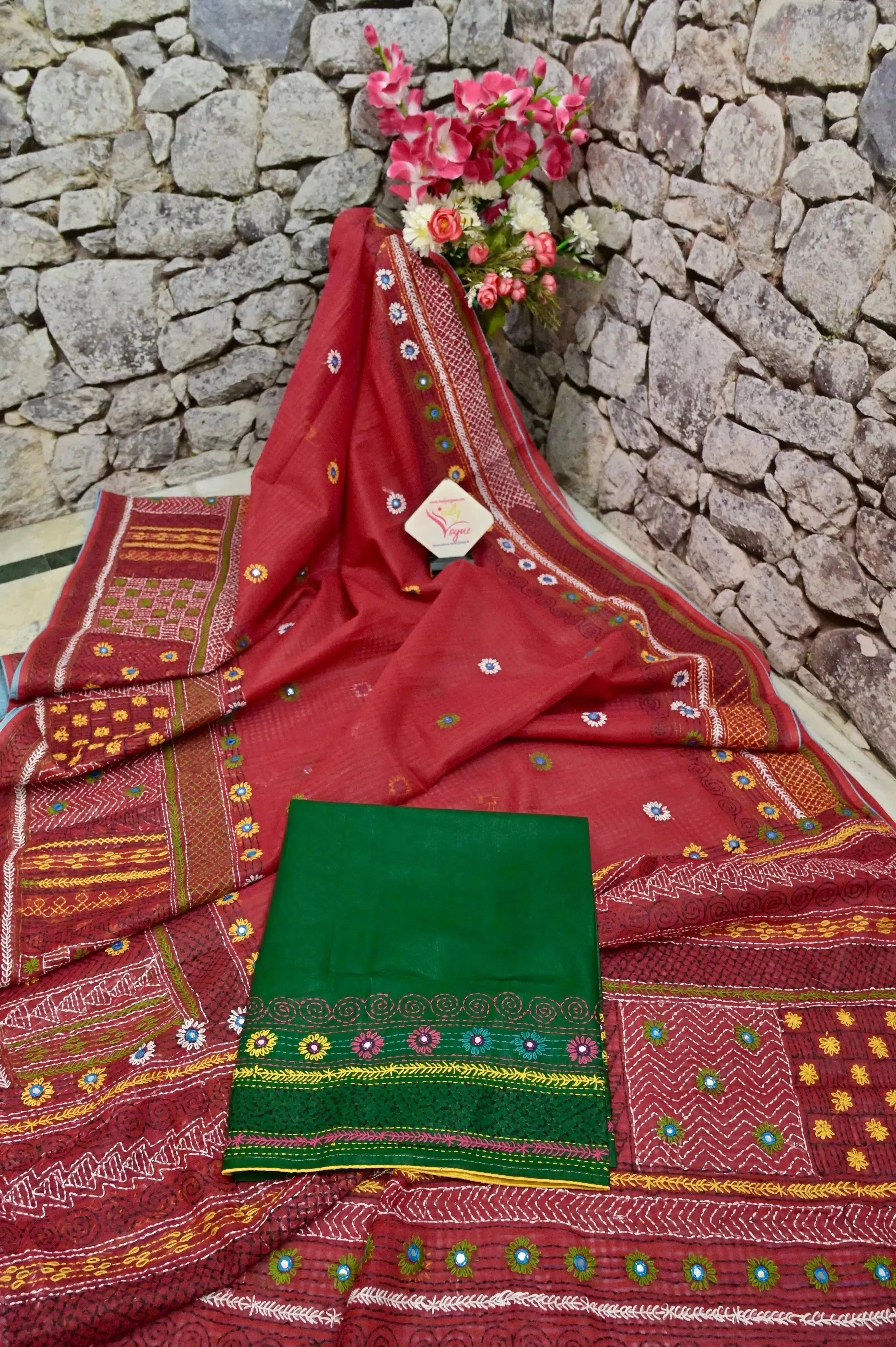 Red Color Resham Kota Saree with hand Lambani Embroidery and Piping Border