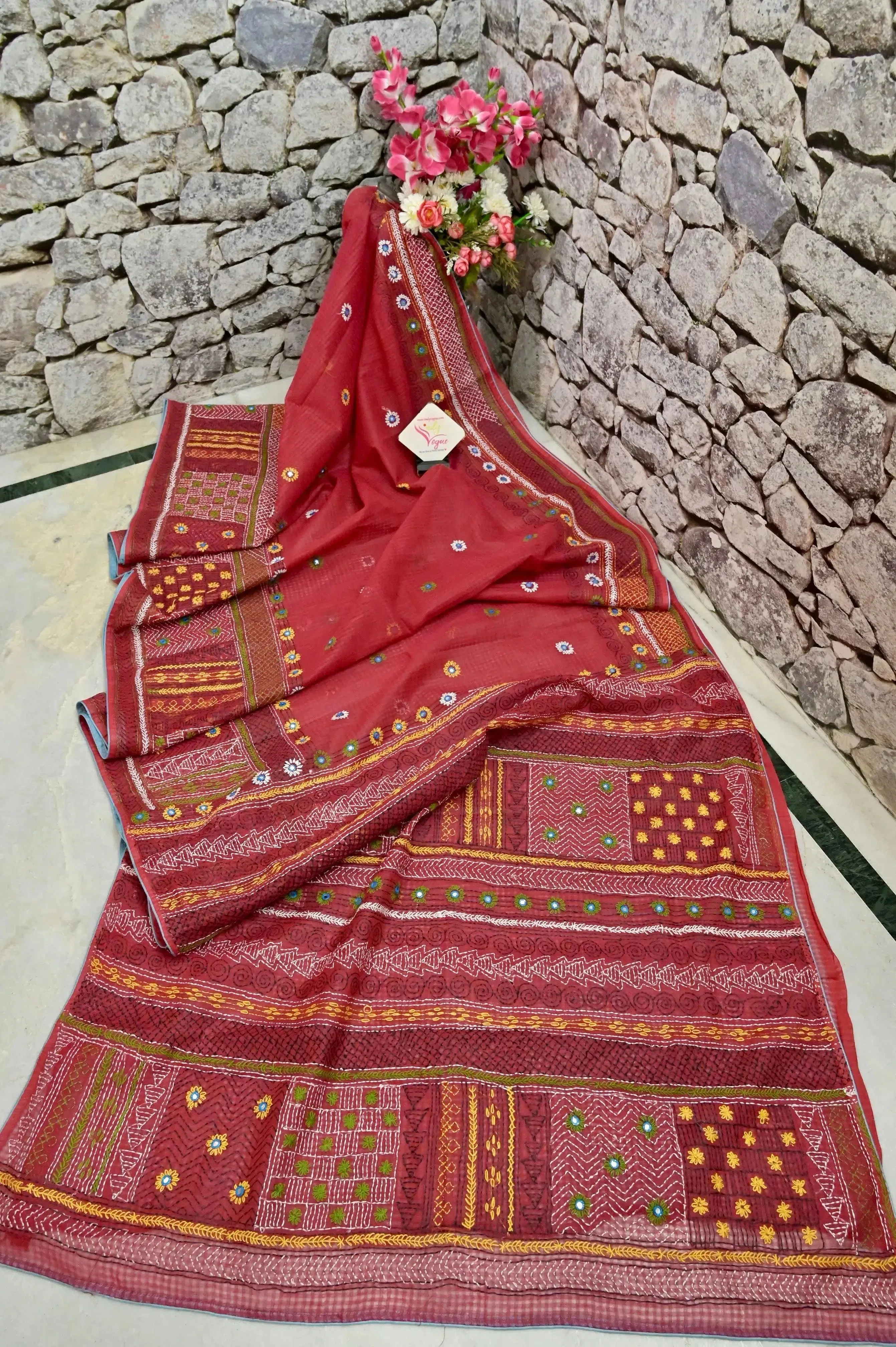 Red Color Resham Kota Saree with hand Lambani Embroidery and Piping Border