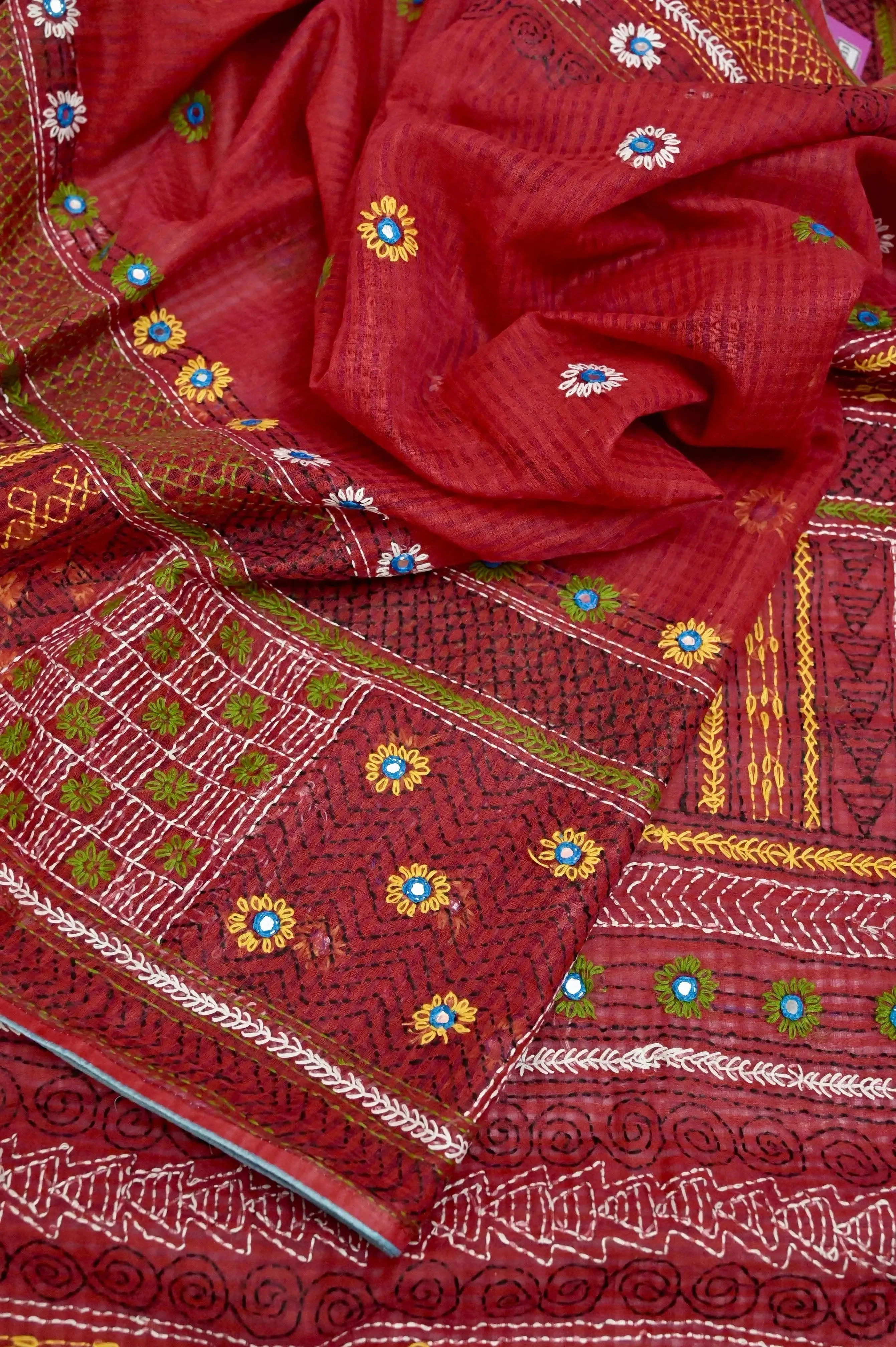 Red Color Resham Kota Saree with hand Lambani Embroidery and Piping Border