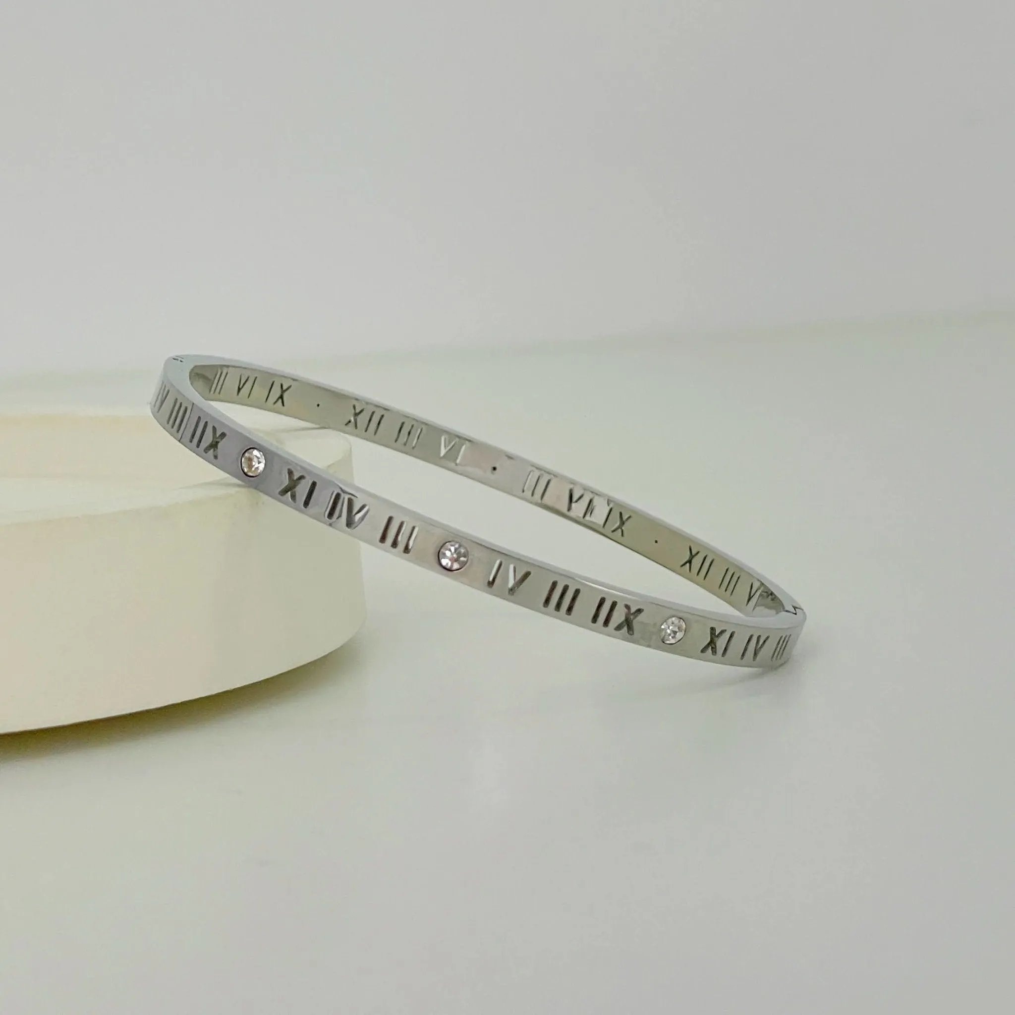 Roman Numerals Diamond Bangle Silver