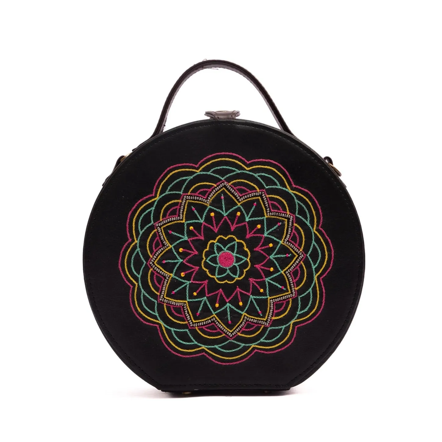 Round mandala hand embroidered sling bag