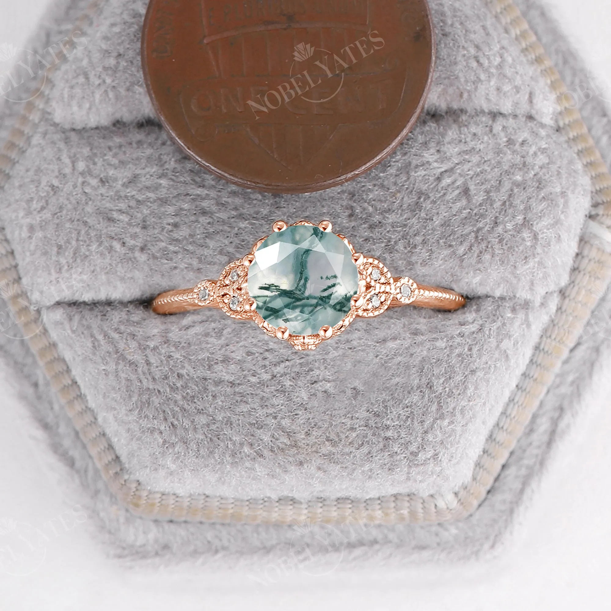 Round Moss Agate Vintage Milgrain Leaf Engagement Ring