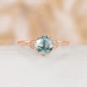 Round Moss Agate Vintage Milgrain Leaf Engagement Ring