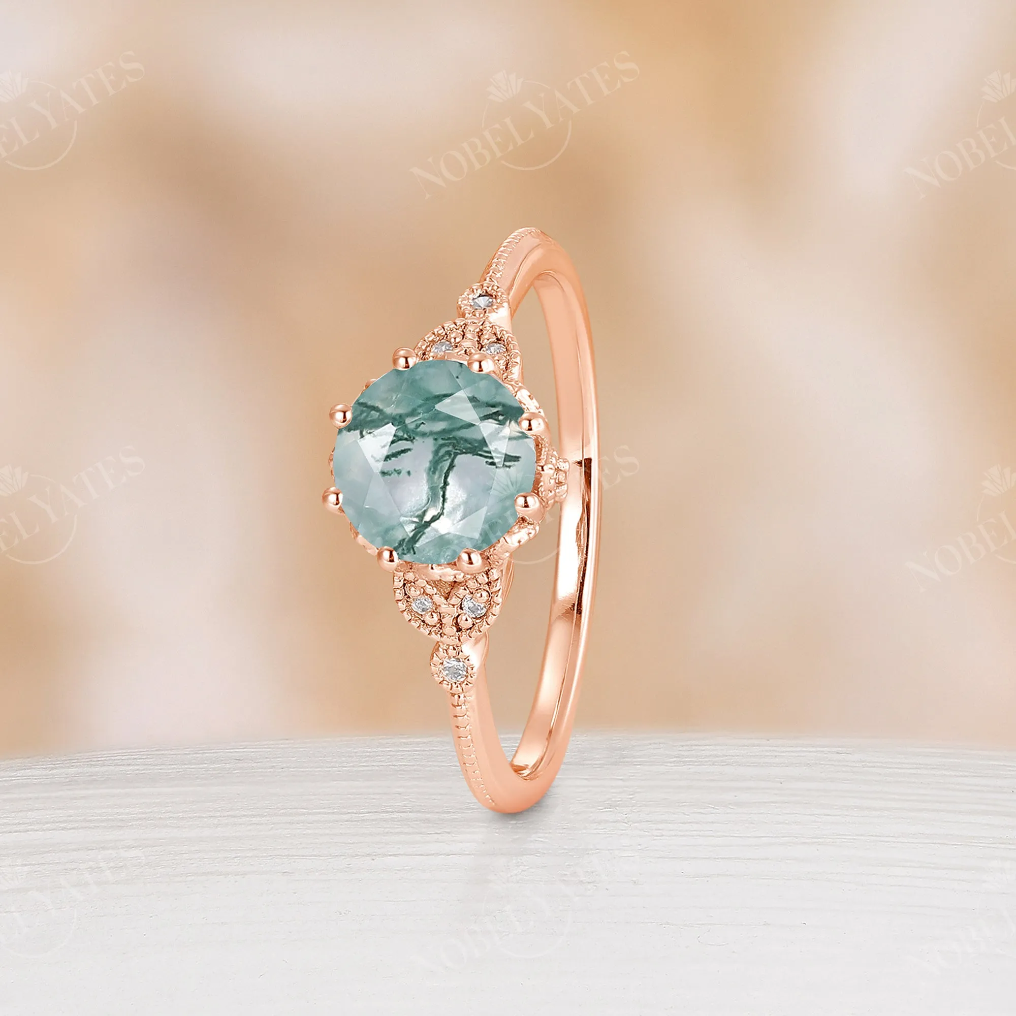 Round Moss Agate Vintage Milgrain Leaf Engagement Ring