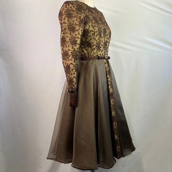 SaksFifthAvenue Prince Vintage Brown Metallic Embroidery Fit Flare Dress