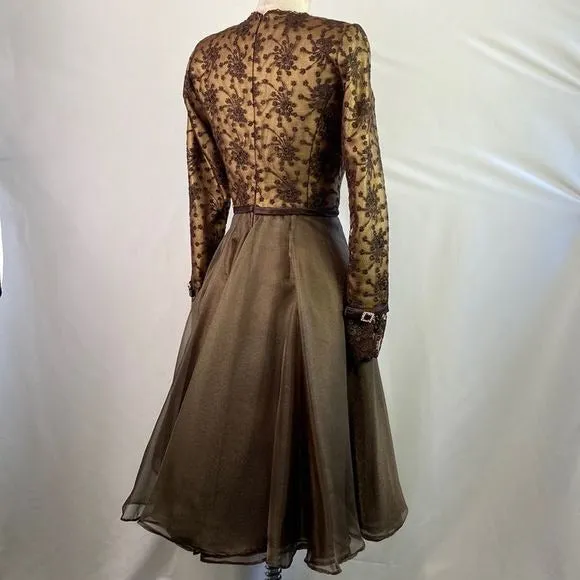 SaksFifthAvenue Prince Vintage Brown Metallic Embroidery Fit Flare Dress