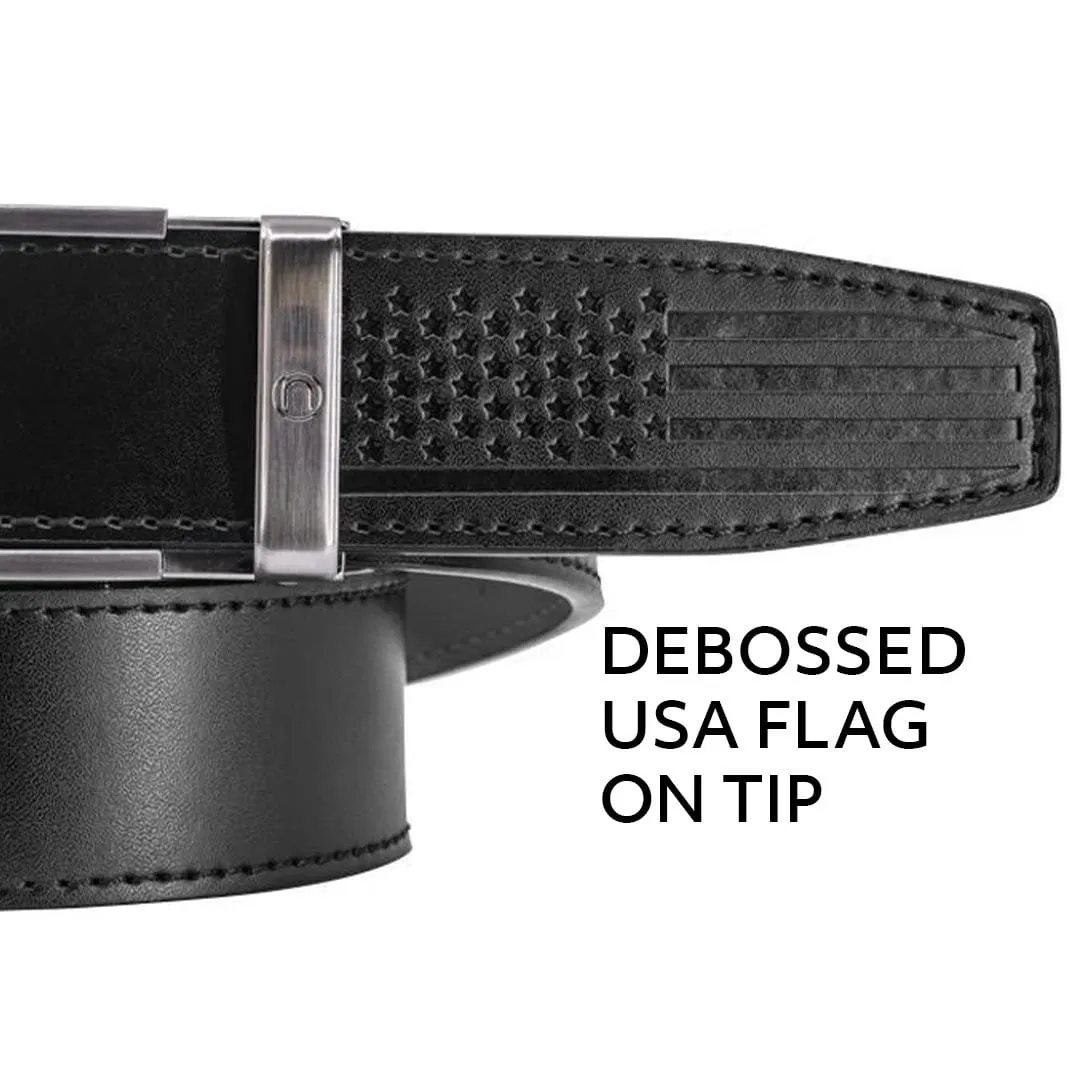 Smooth Black USA Flag Tip Belt Debossed