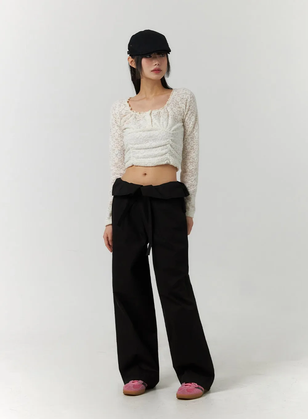 Solid Detail Waist Straight Pants CF406