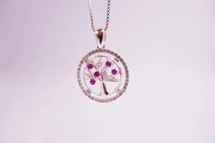 Sterling Silver| Tree of Life Pendant With Ruby Stones & Cubic Zircon | Ruby Gift | Bridal Shower Necklace Gift | Bachelorette Party Gift