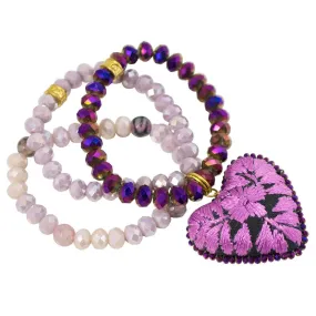 Stone Beads and Embroidered Heart Stretch Bracelet