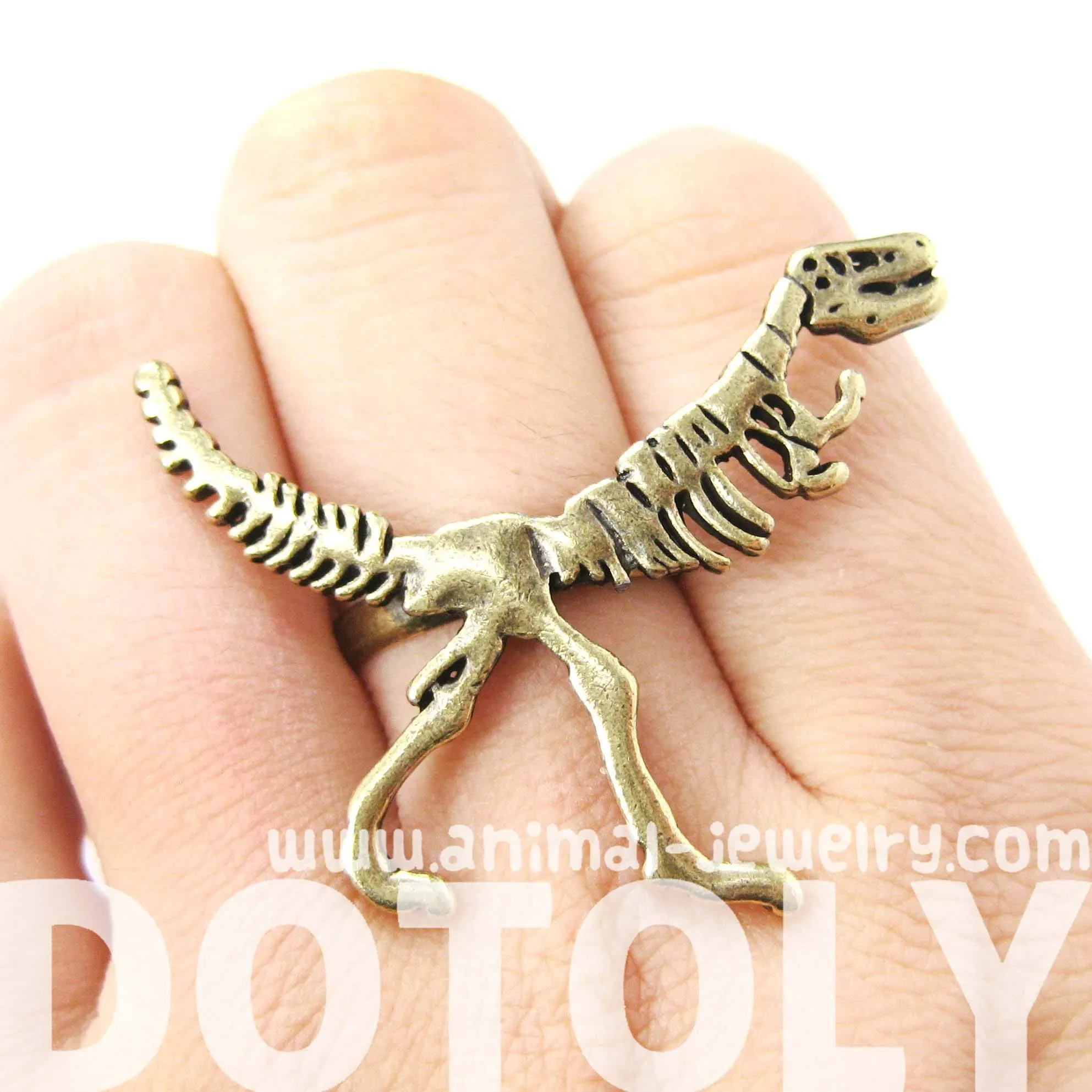 T-Rex Dinosaur Fossil Skeleton Bones Adjustable Ring in Brass