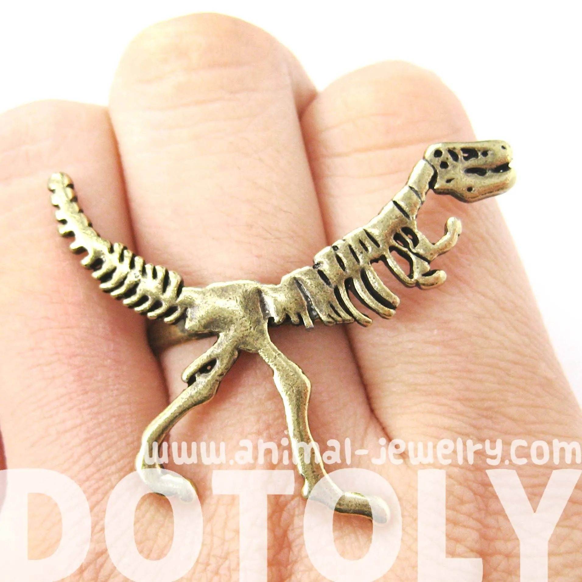 T-Rex Dinosaur Fossil Skeleton Bones Adjustable Ring in Brass