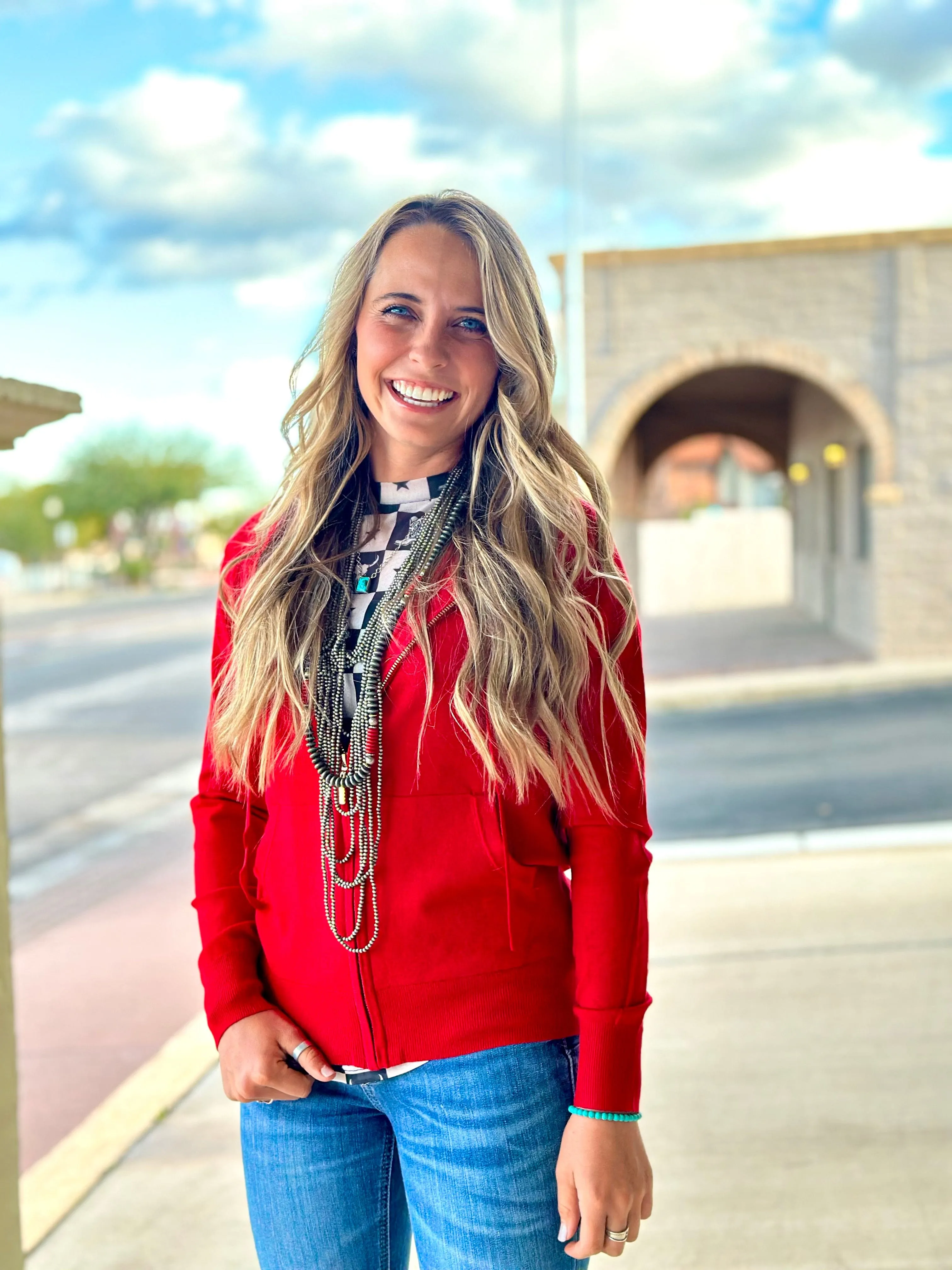 The Red Zip Up Knit Hoodie Cardigan