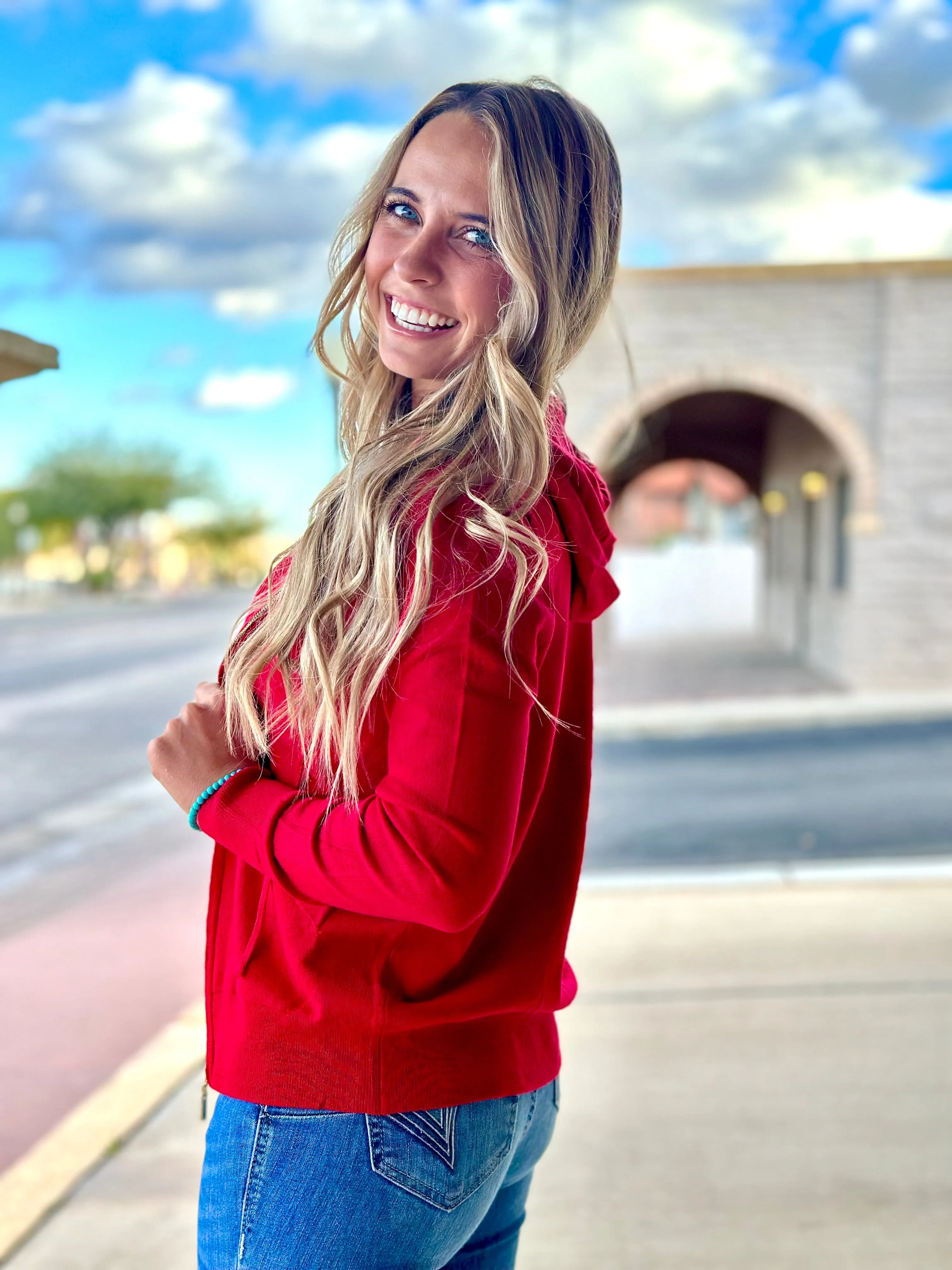 The Red Zip Up Knit Hoodie Cardigan