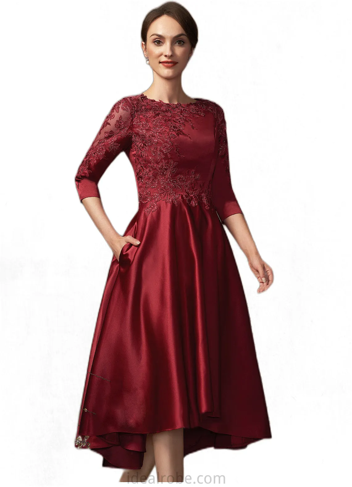 Tia A-Line Scoop Neck Asymmetrical Satin Lace Mother of the Bride Dress With Sequins Pockets STK126P0014962