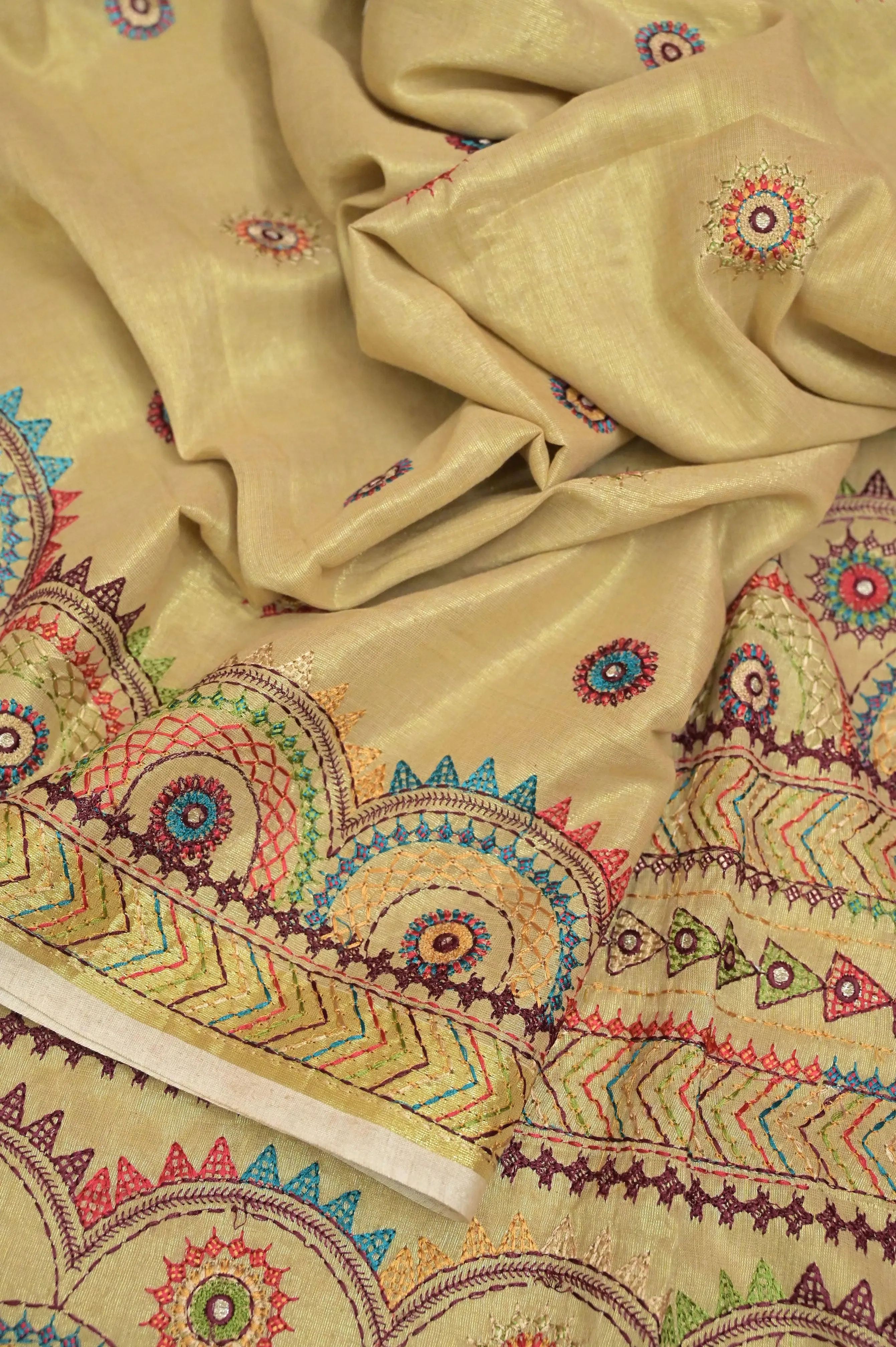 Tussar Golden Color Tissue Handloom Saree with Lambani Embroidery Work