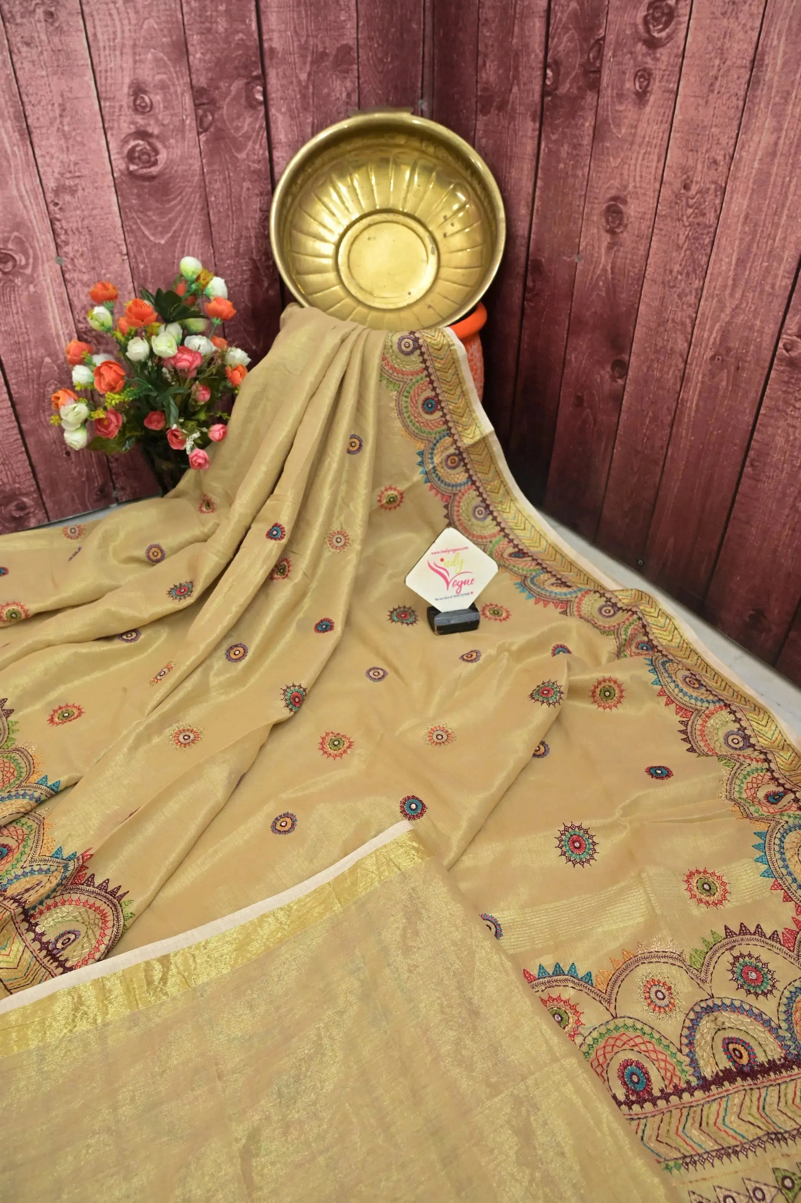 Tussar Golden Color Tissue Handloom Saree with Lambani Embroidery Work