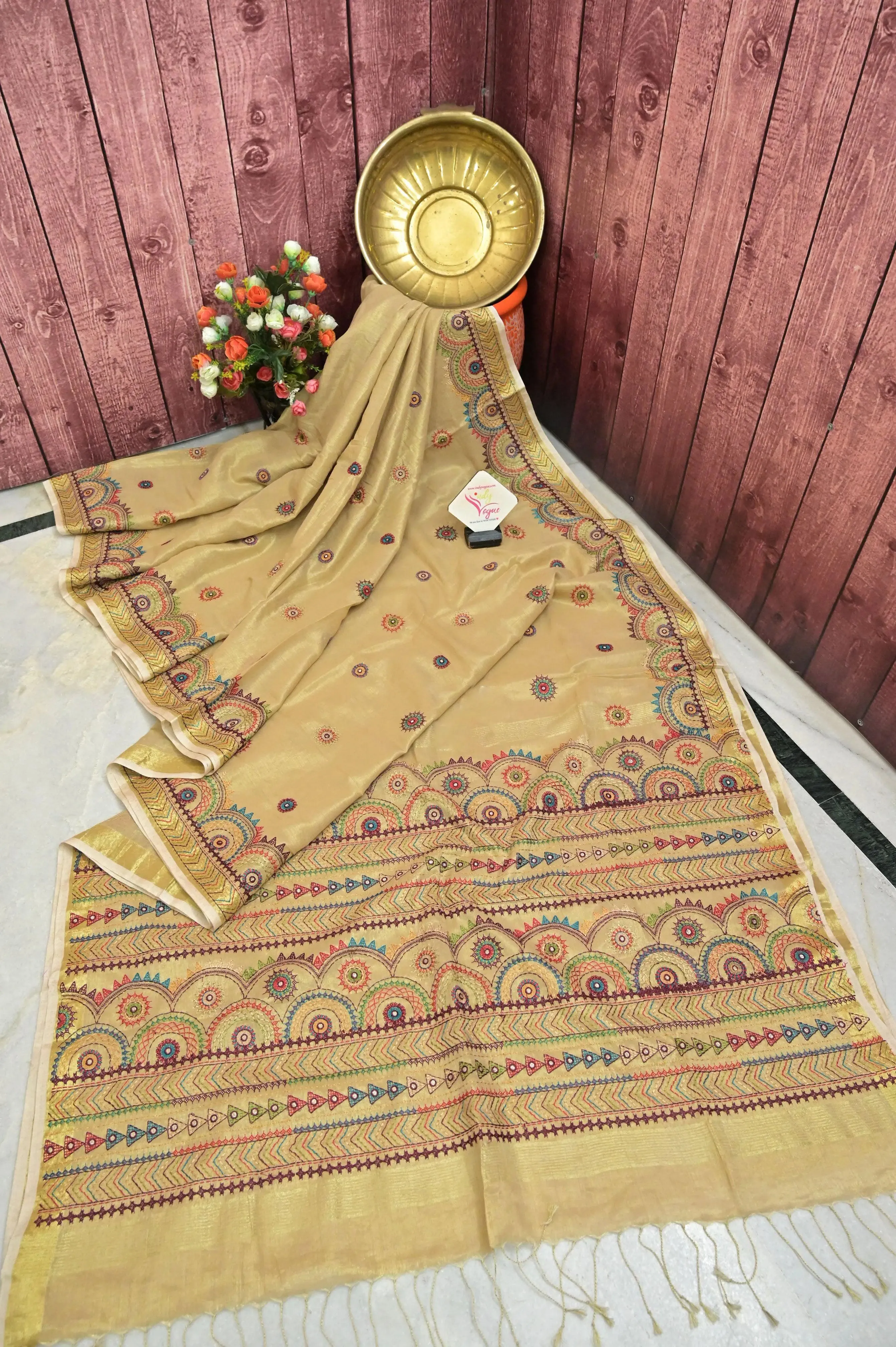 Tussar Golden Color Tissue Handloom Saree with Lambani Embroidery Work