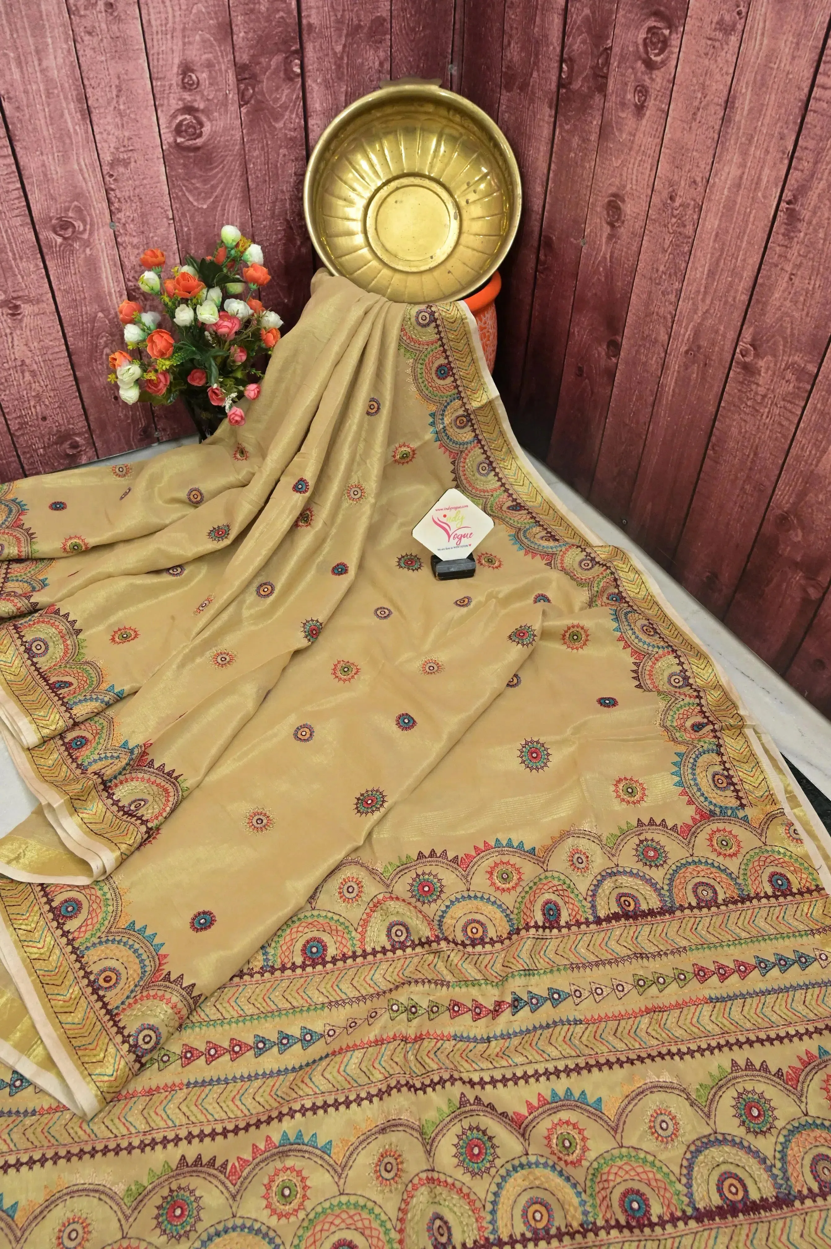 Tussar Golden Color Tissue Handloom Saree with Lambani Embroidery Work