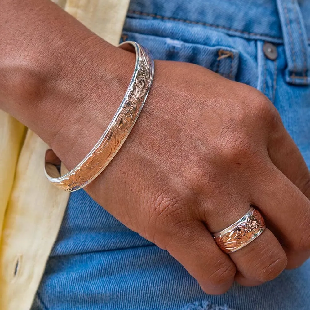 Two-Tone Engraved Plumeria Cuff Bangle