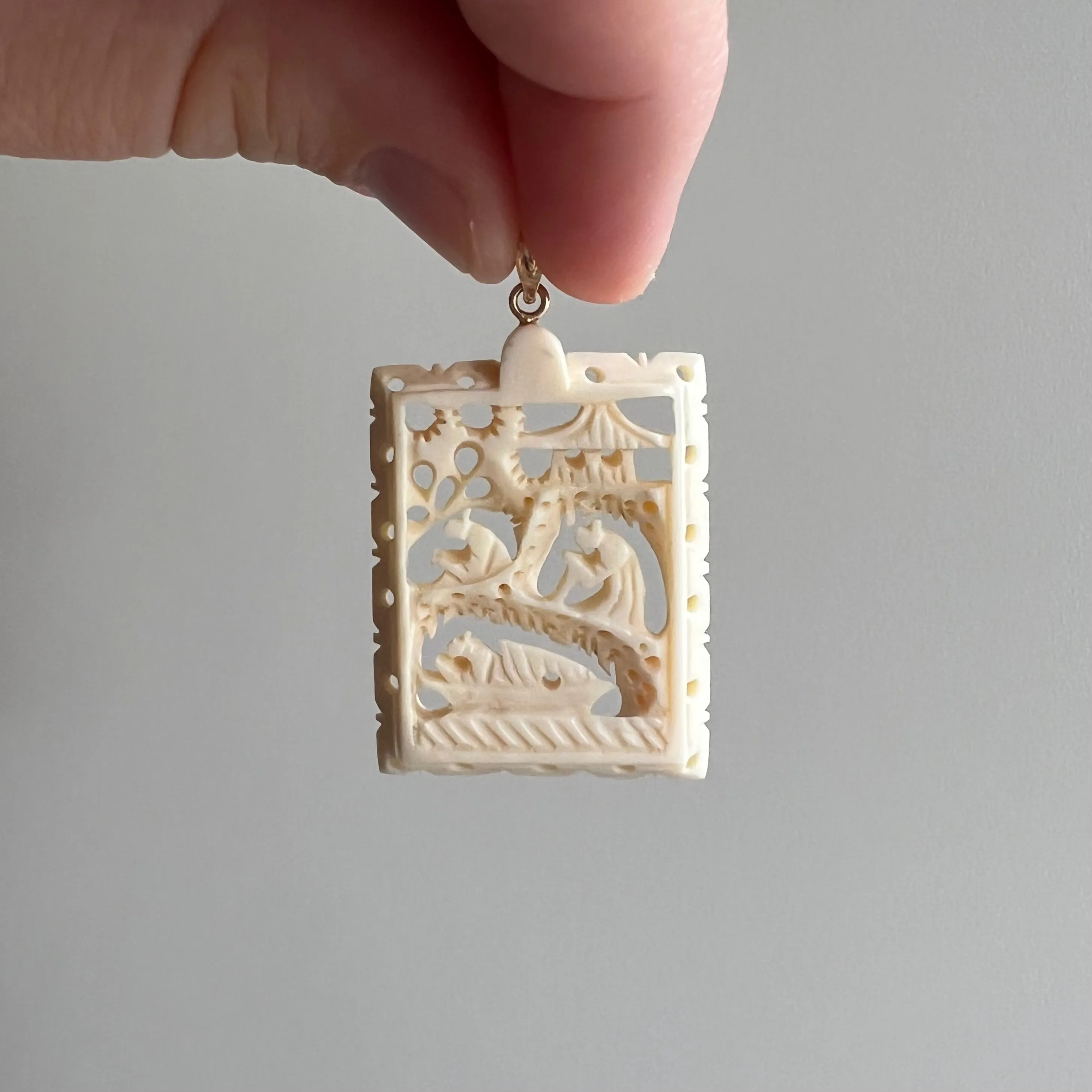 V I N T A G E // the journey and the destination / 14k and carved bone scene / a pendant