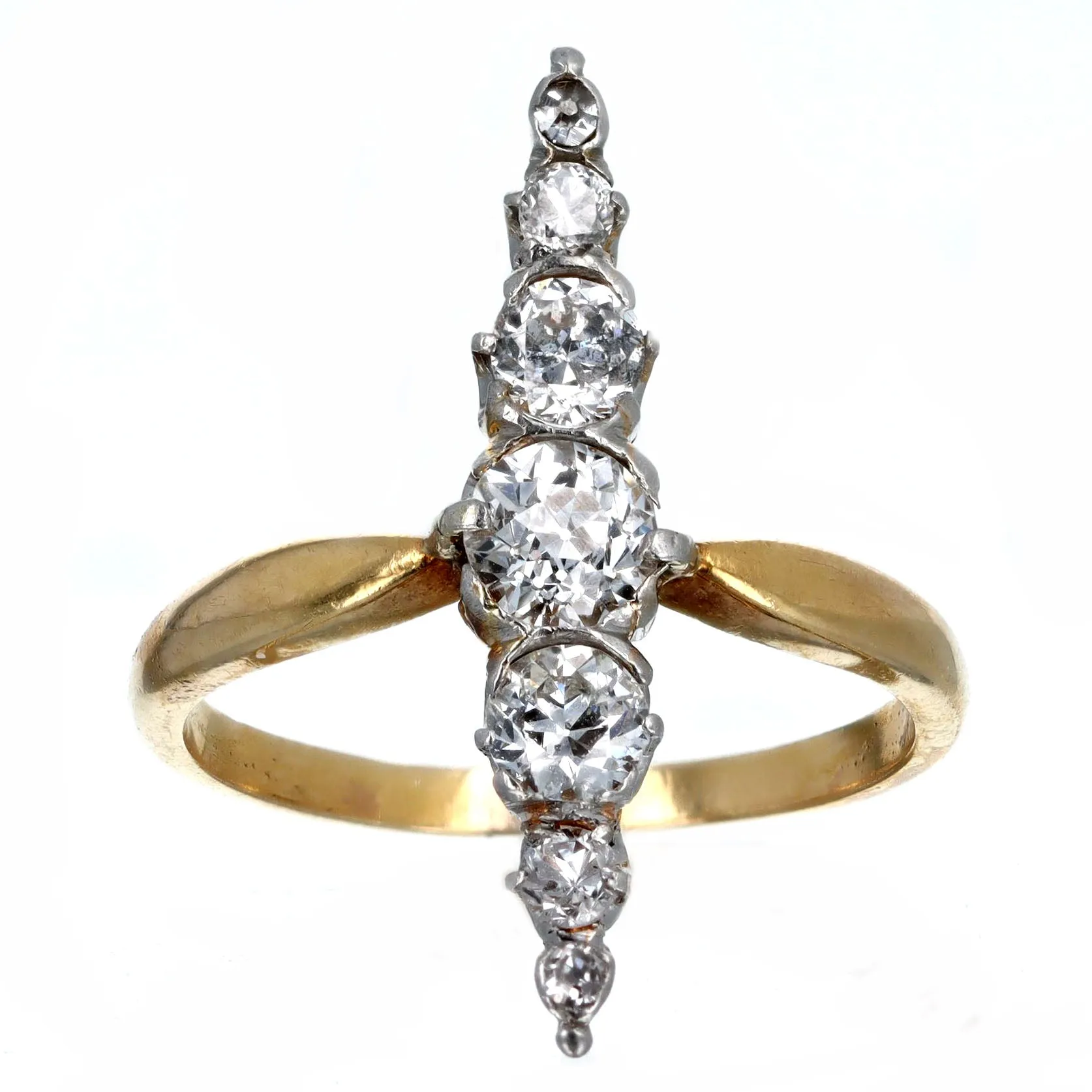 Victorian 0.80 Carat Total Weight Old European Diamond Navette Ring in 18K Yellow Gold