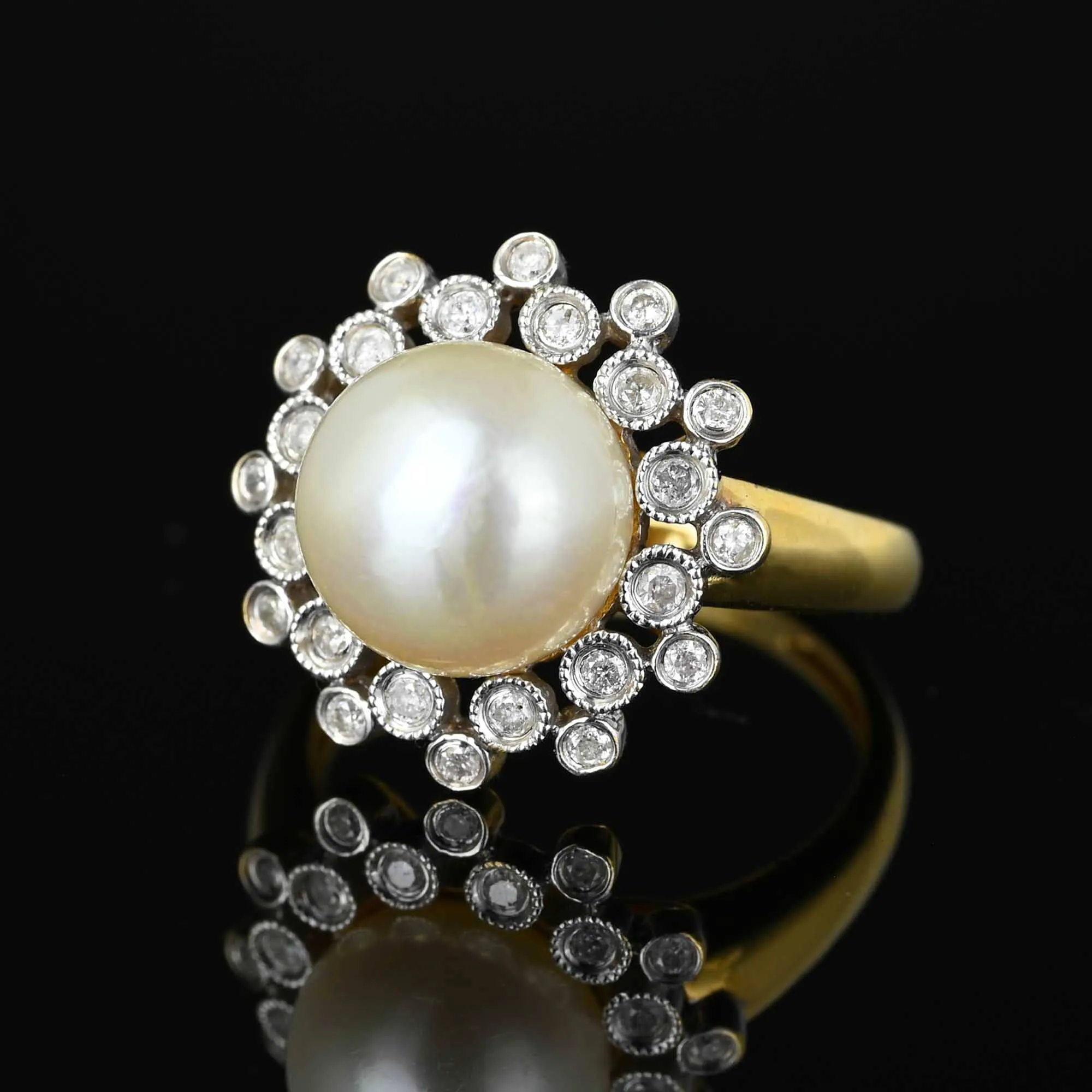 Vintage 14K Gold Snowflake Diamond Halo Pearl Ring