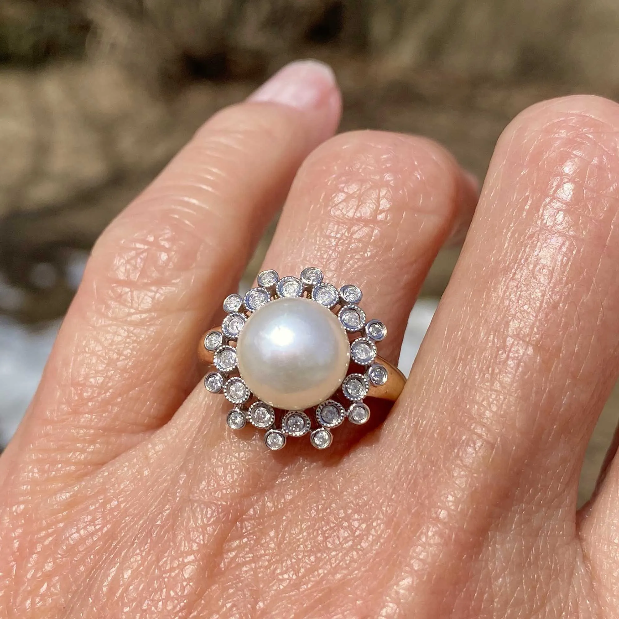 Vintage 14K Gold Snowflake Diamond Halo Pearl Ring