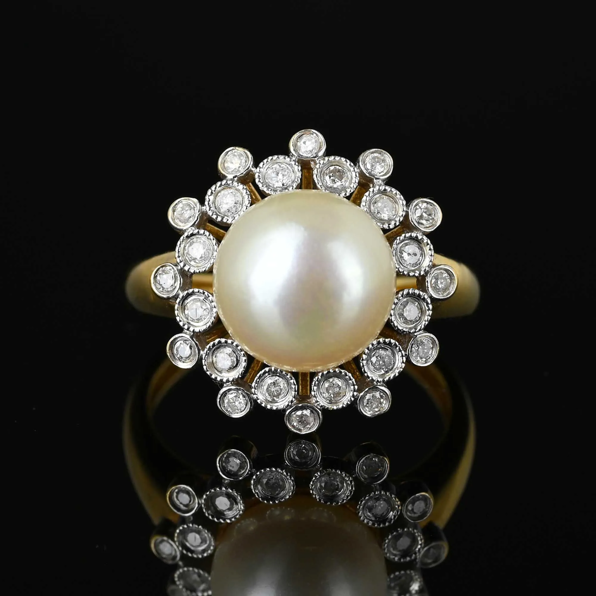 Vintage 14K Gold Snowflake Diamond Halo Pearl Ring