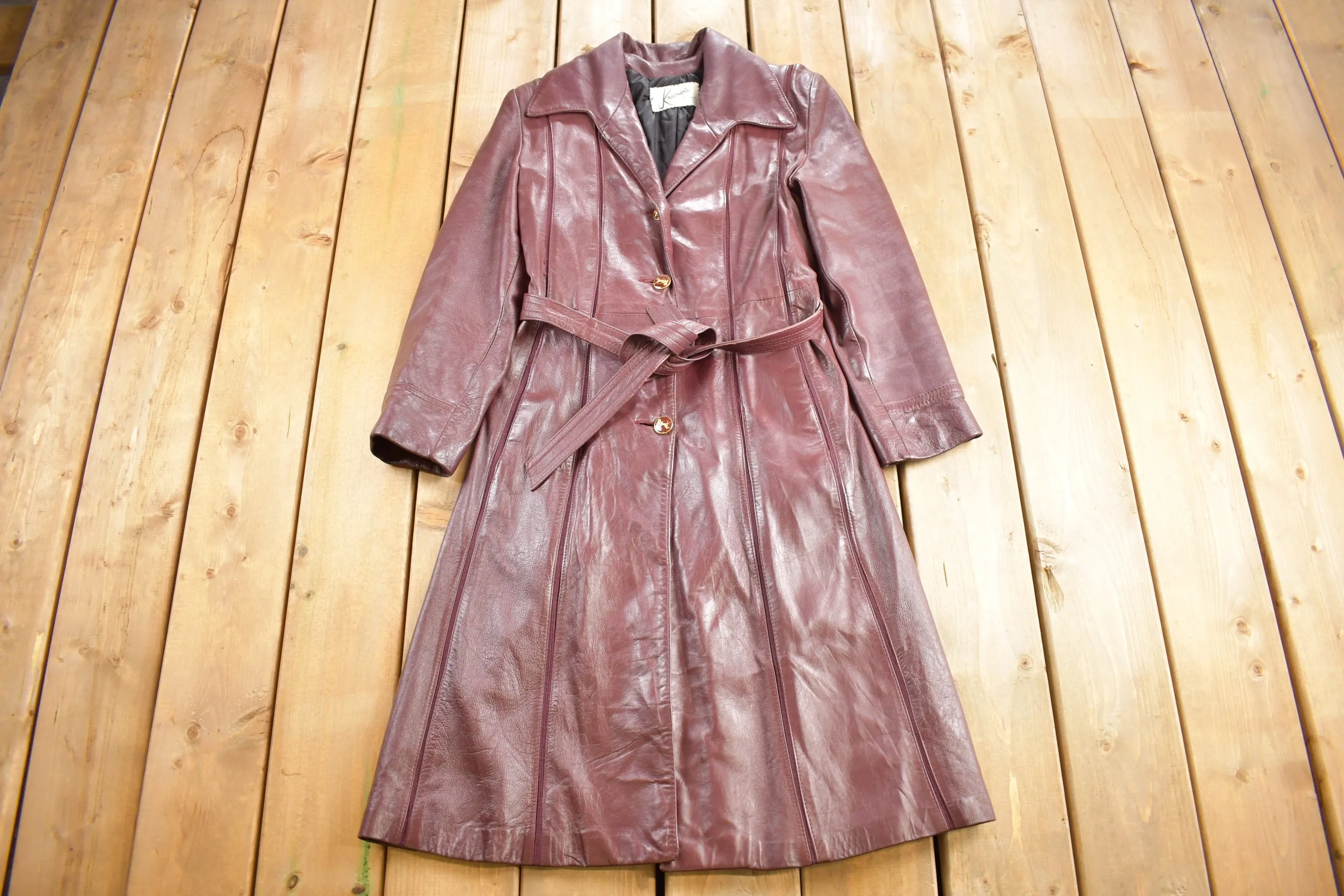 Vintage 1970s Genuine Red Leather Button Down Trench Coat / True Vintage / Womenswear / Size Small