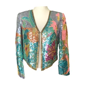 Vintage 1980s Sequin Bolero Jacket in a Vibrant Floral by Jack Bryan. Statement Piece. Sustainable Clothing.