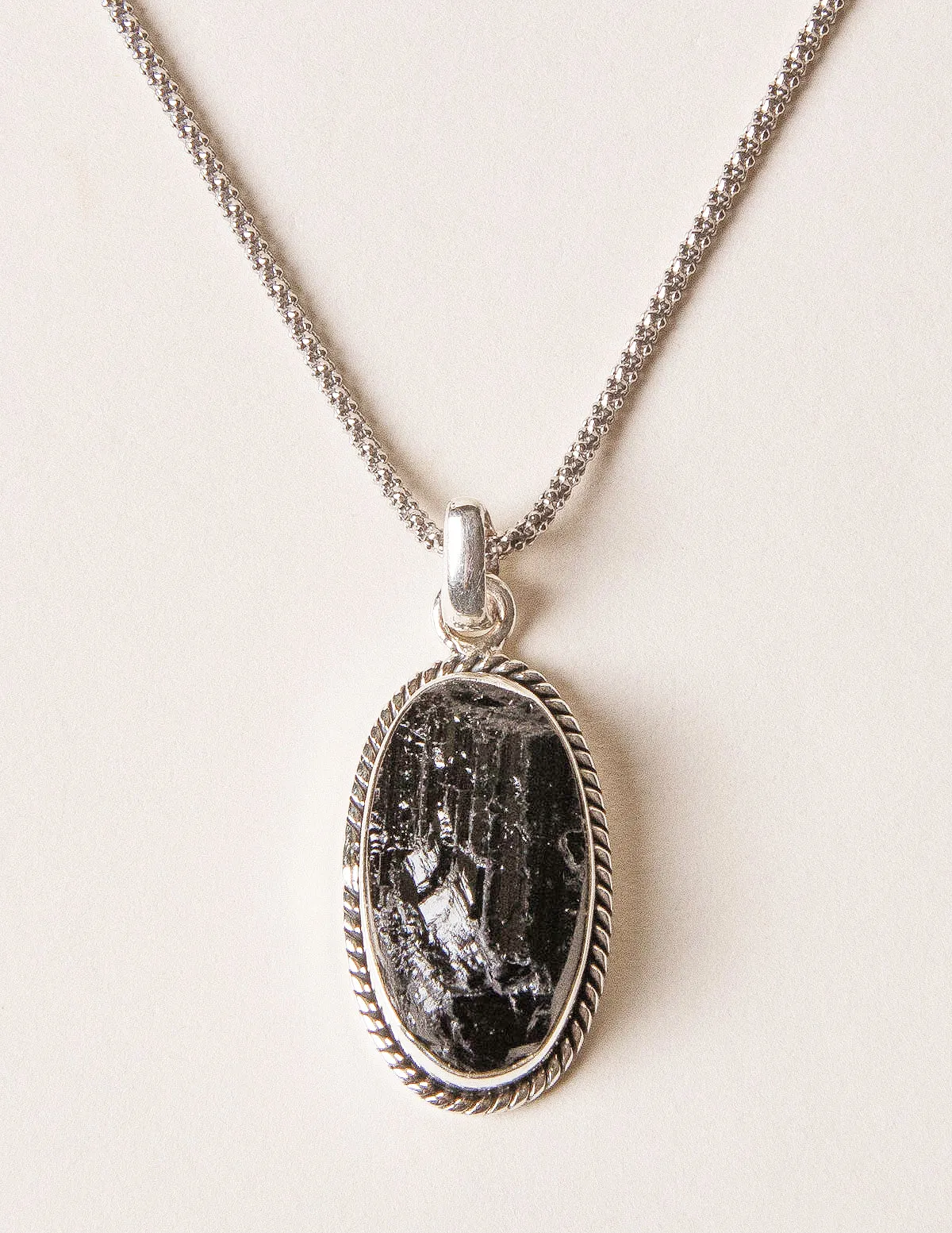 Vintage Raw Black Tourmaline Oval Silver Pendant