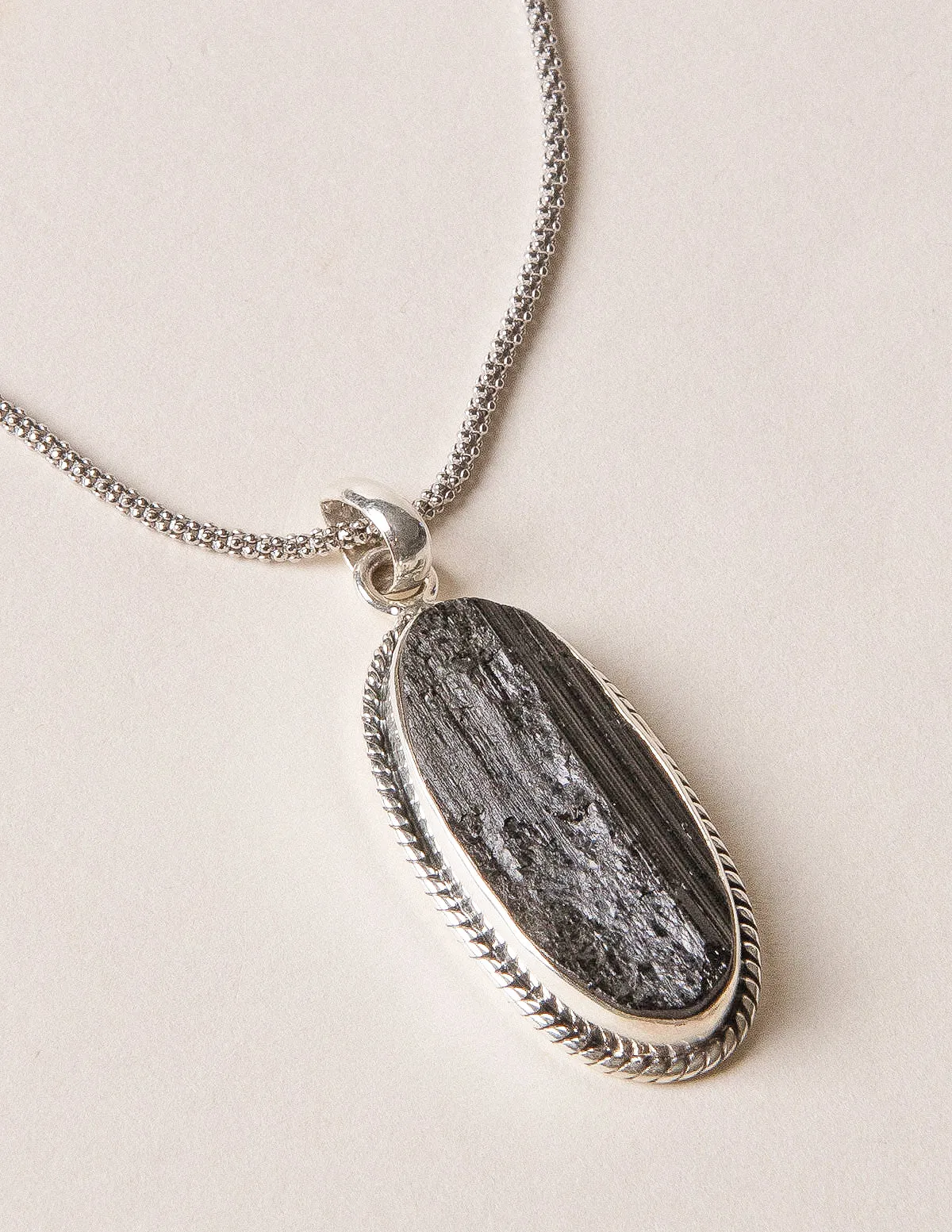 Vintage Raw Black Tourmaline Oval Silver Pendant