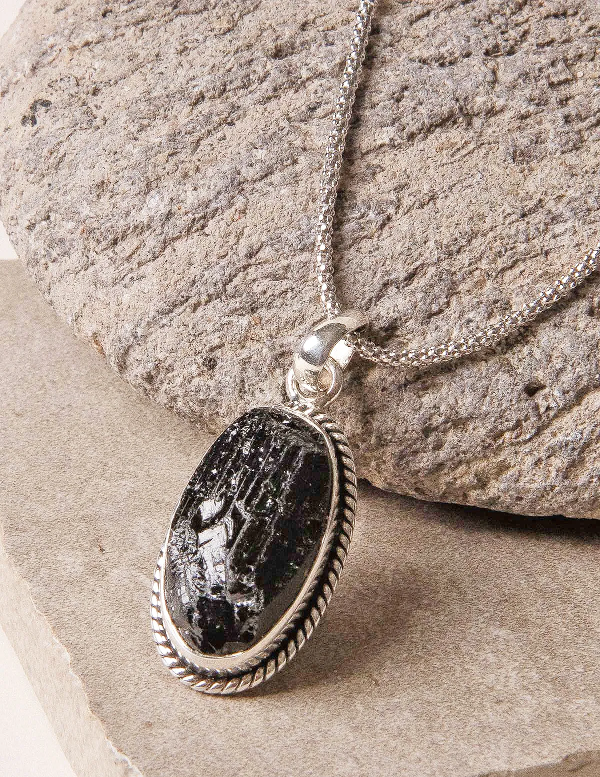 Vintage Raw Black Tourmaline Oval Silver Pendant