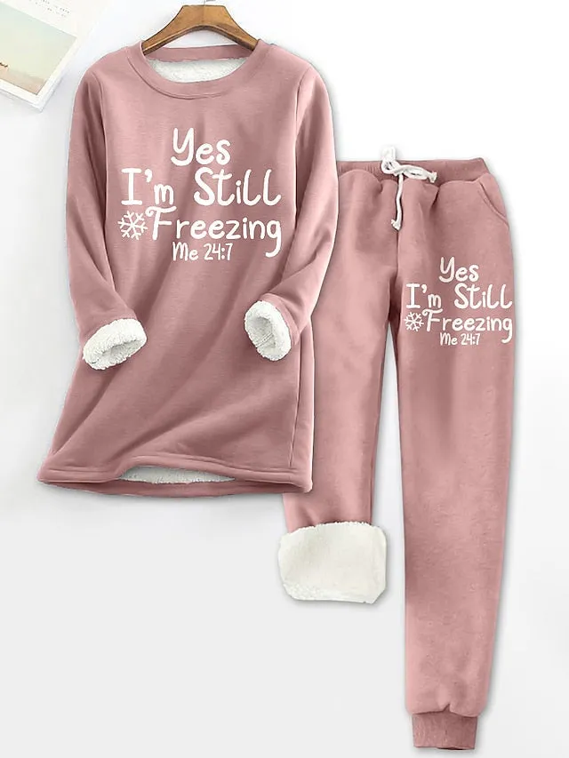 Warm and Cozy Women's Fleece Pajama Set with Crew Neck Top and Elastic Waist Pant