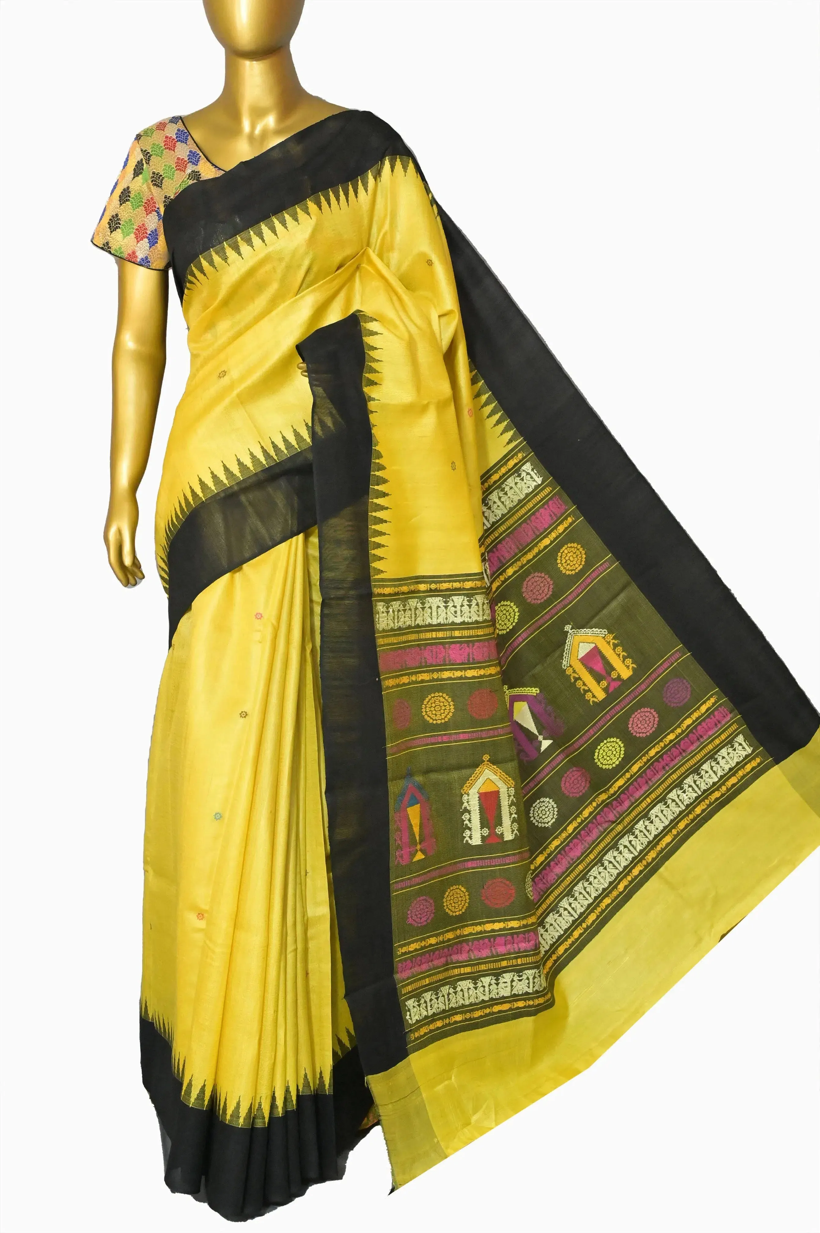 Yellow and Black Color Ghicha Tussar Saree with Dolabedi Jala Pallu