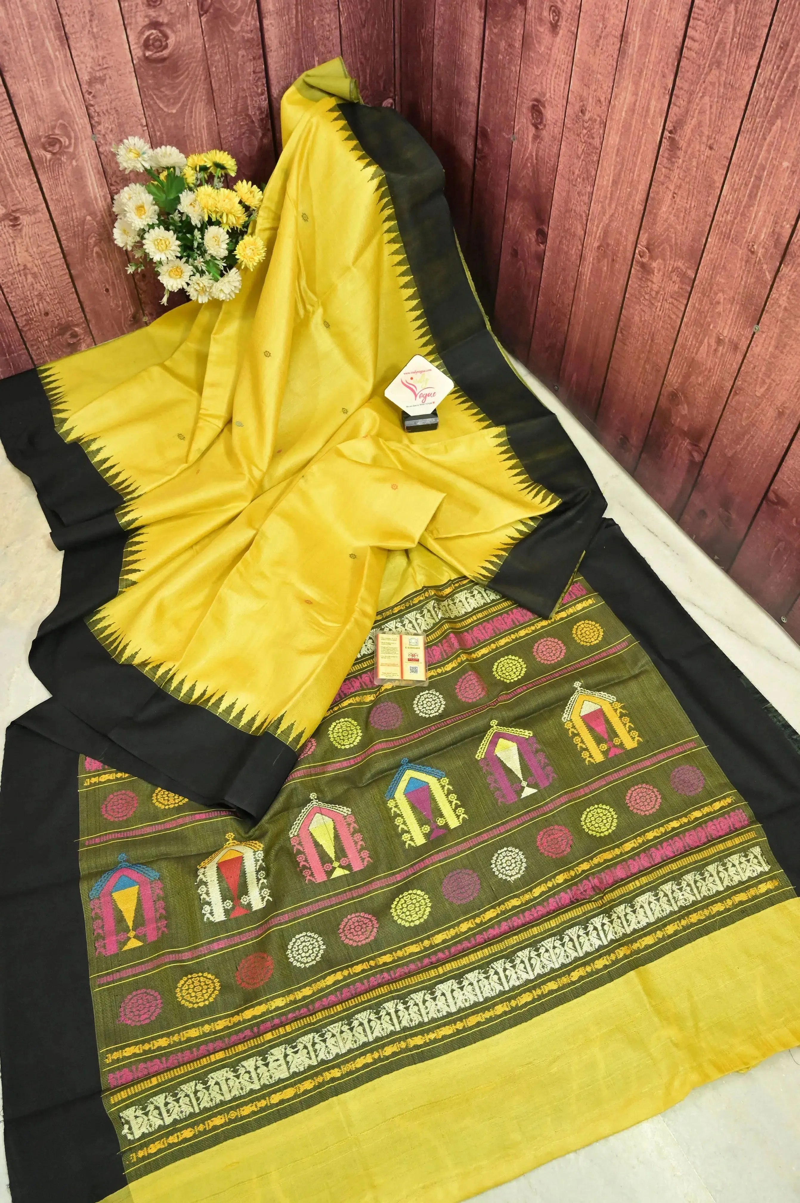 Yellow and Black Color Ghicha Tussar Saree with Dolabedi Jala Pallu