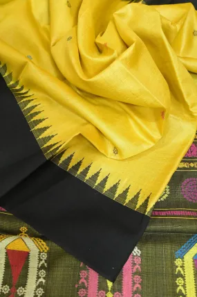 Yellow and Black Color Ghicha Tussar Saree with Dolabedi Jala Pallu