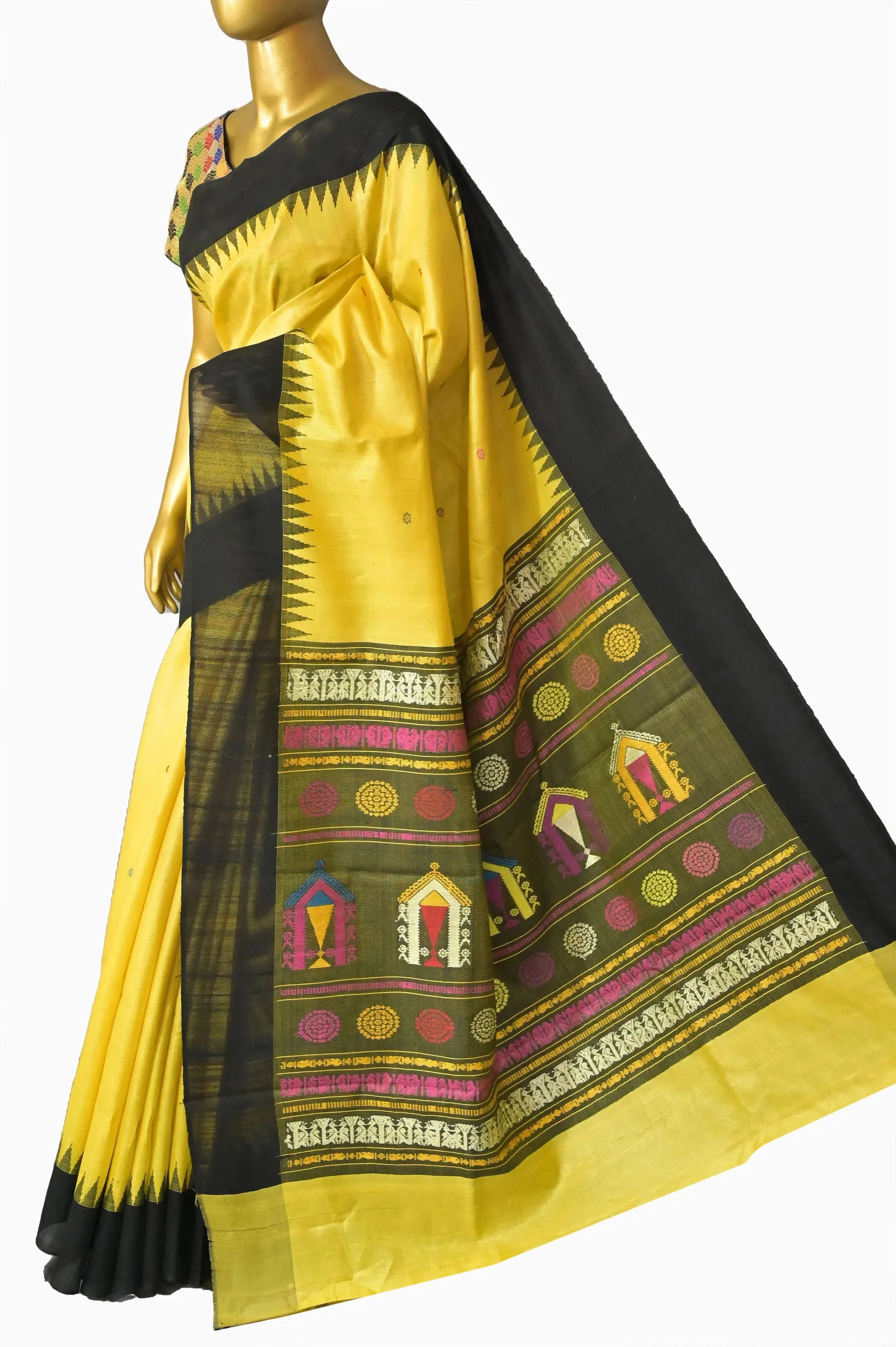 Yellow and Black Color Ghicha Tussar Saree with Dolabedi Jala Pallu