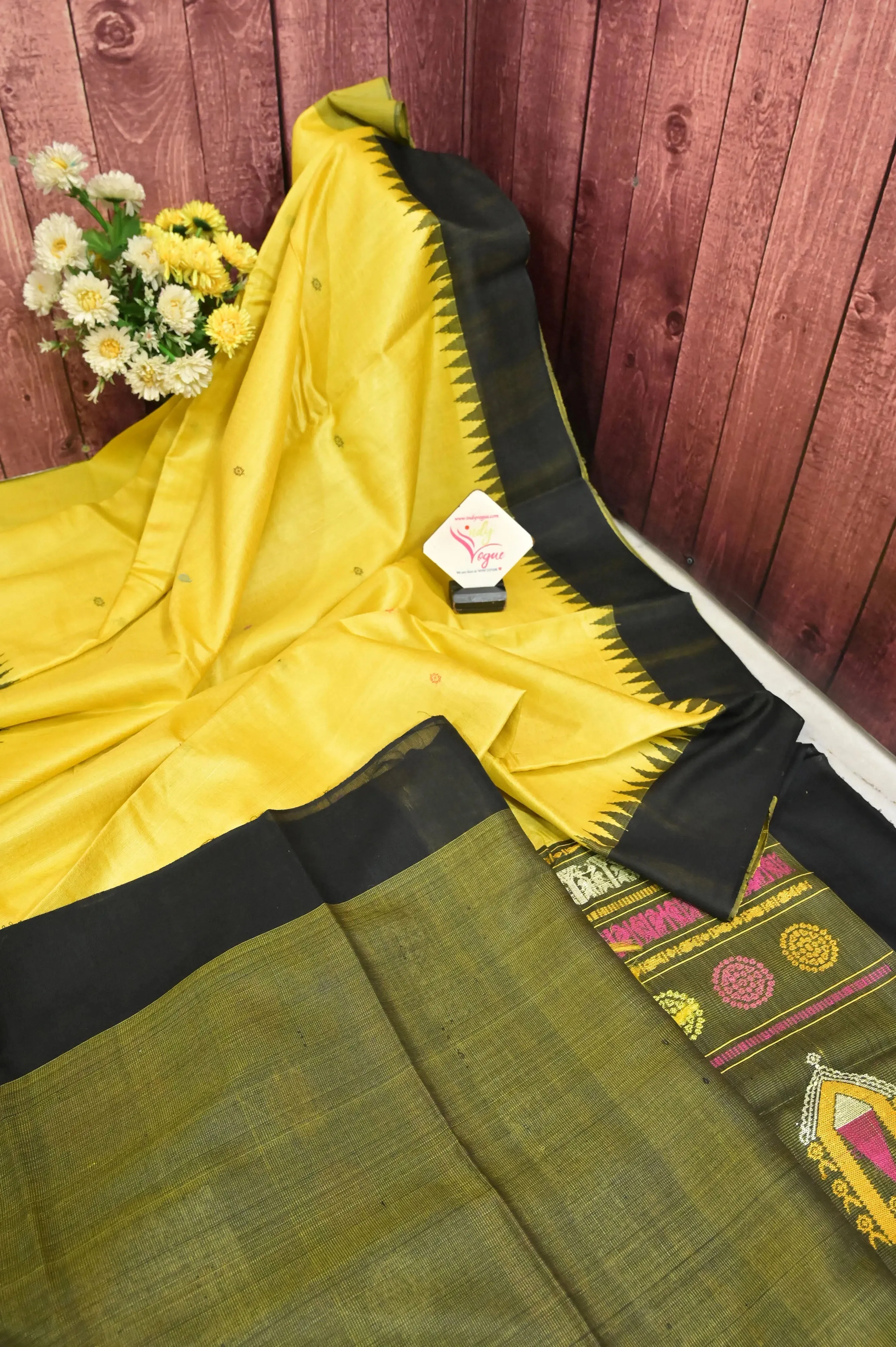 Yellow and Black Color Ghicha Tussar Saree with Dolabedi Jala Pallu