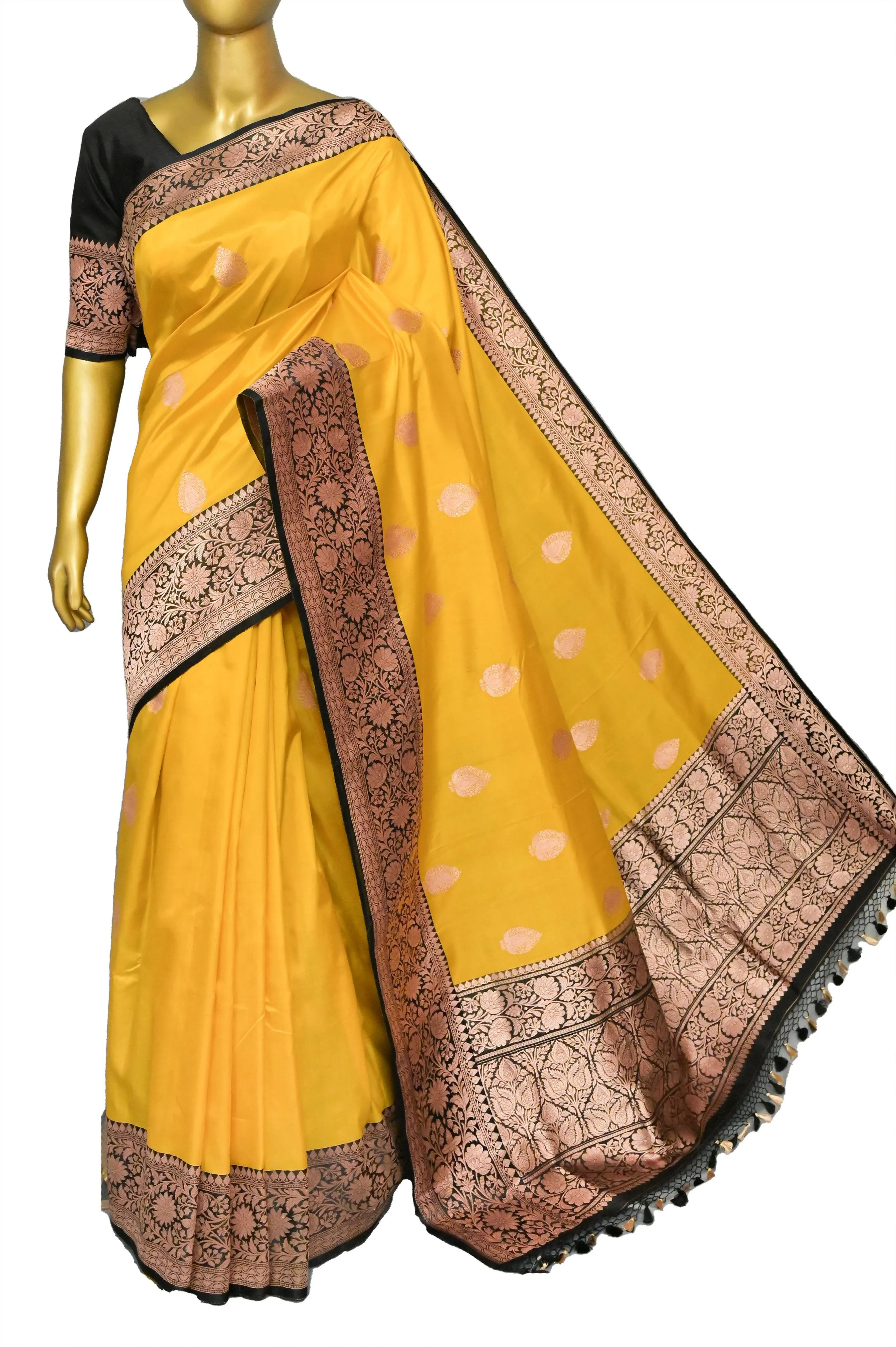 Yellow and Black Pure Katan Banarasi with Golden Butta