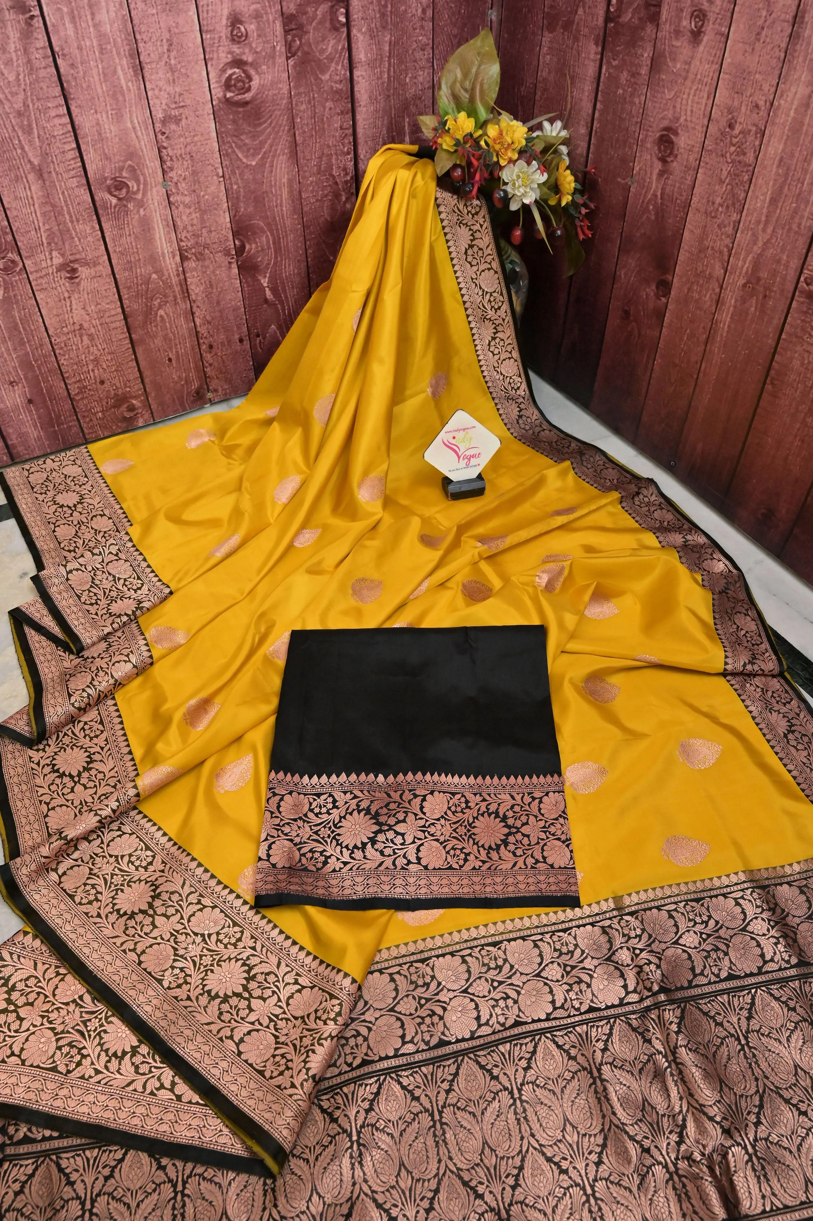 Yellow and Black Pure Katan Banarasi with Golden Butta