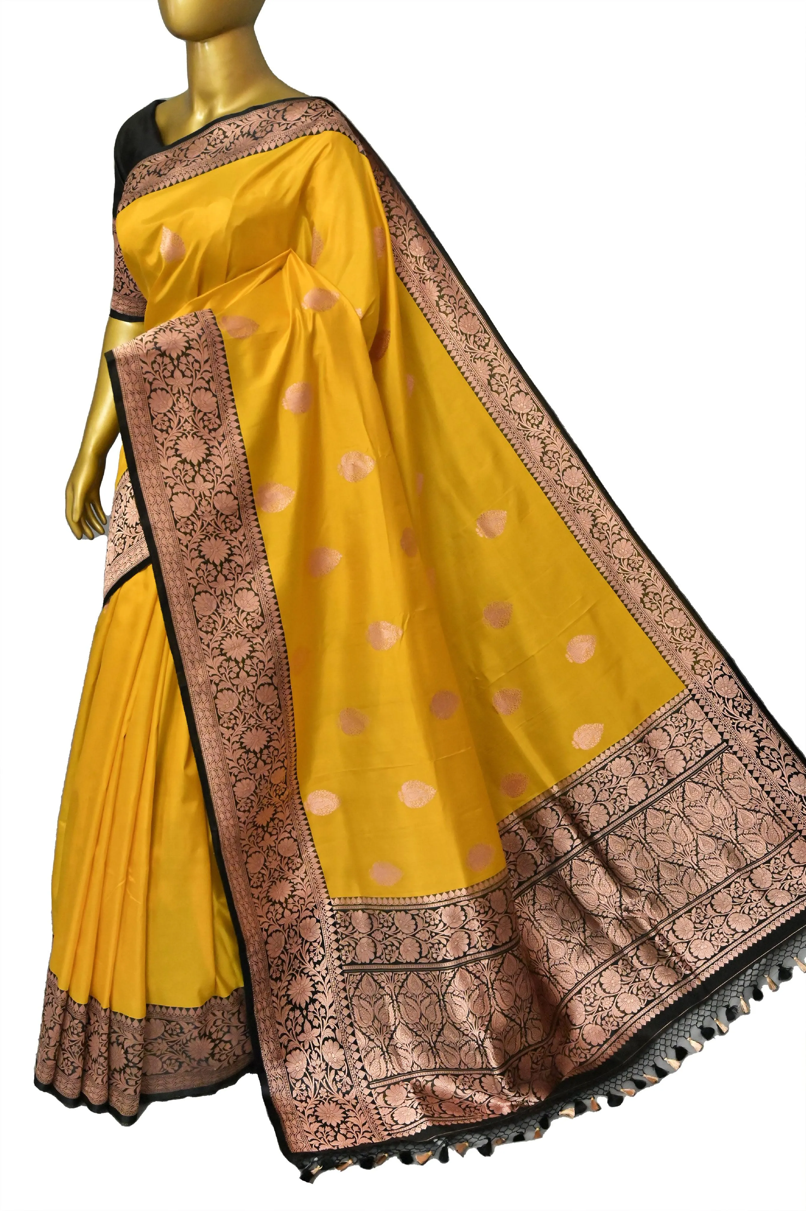 Yellow and Black Pure Katan Banarasi with Golden Butta