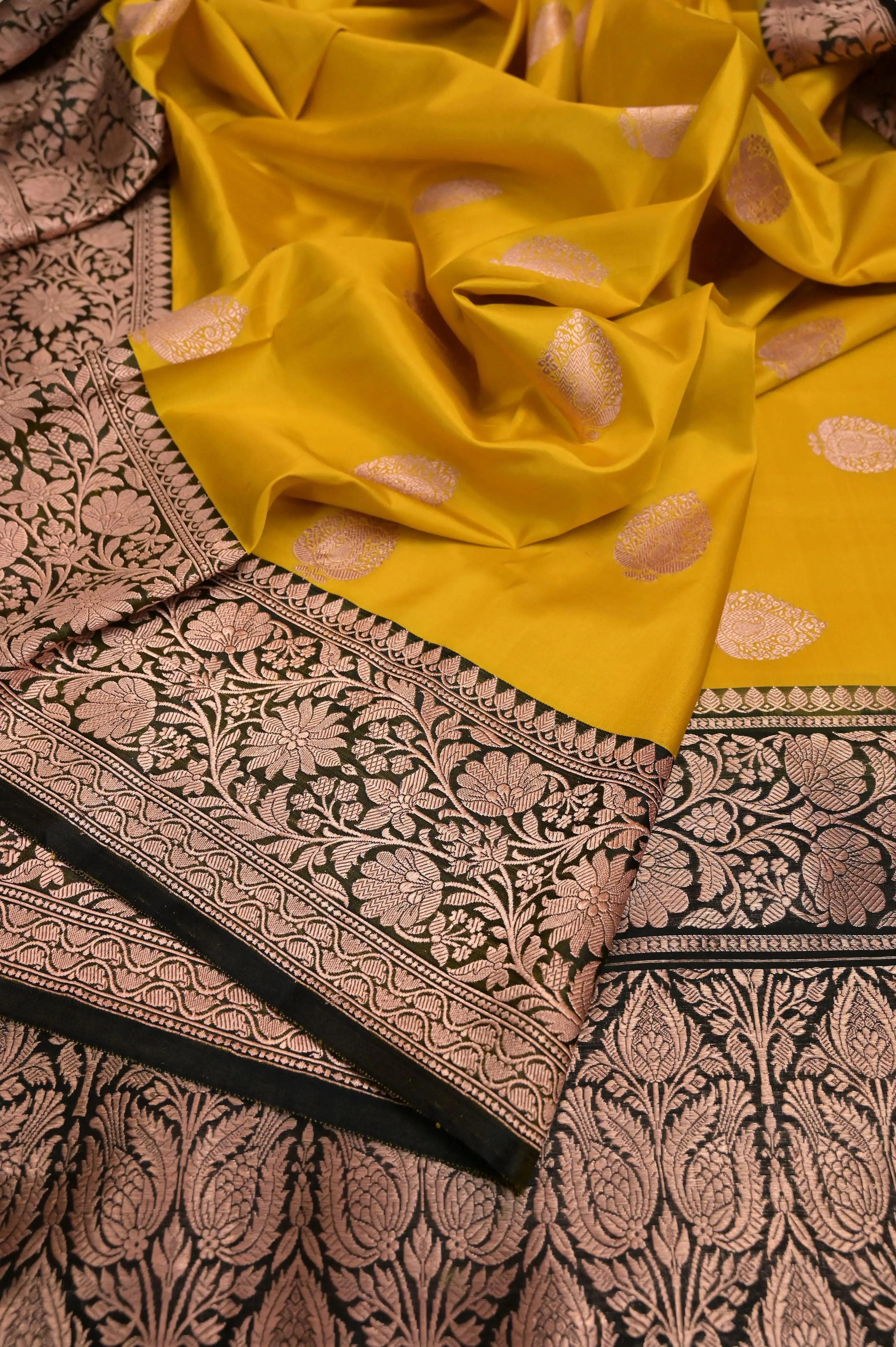 Yellow and Black Pure Katan Banarasi with Golden Butta