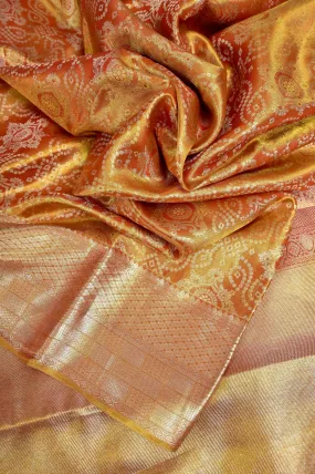 Yellow and Orange Dual-Tone Color Pure Kanjeevaram Silk Saree with Bandhani and Meenakari Work with Silver Zari Weave