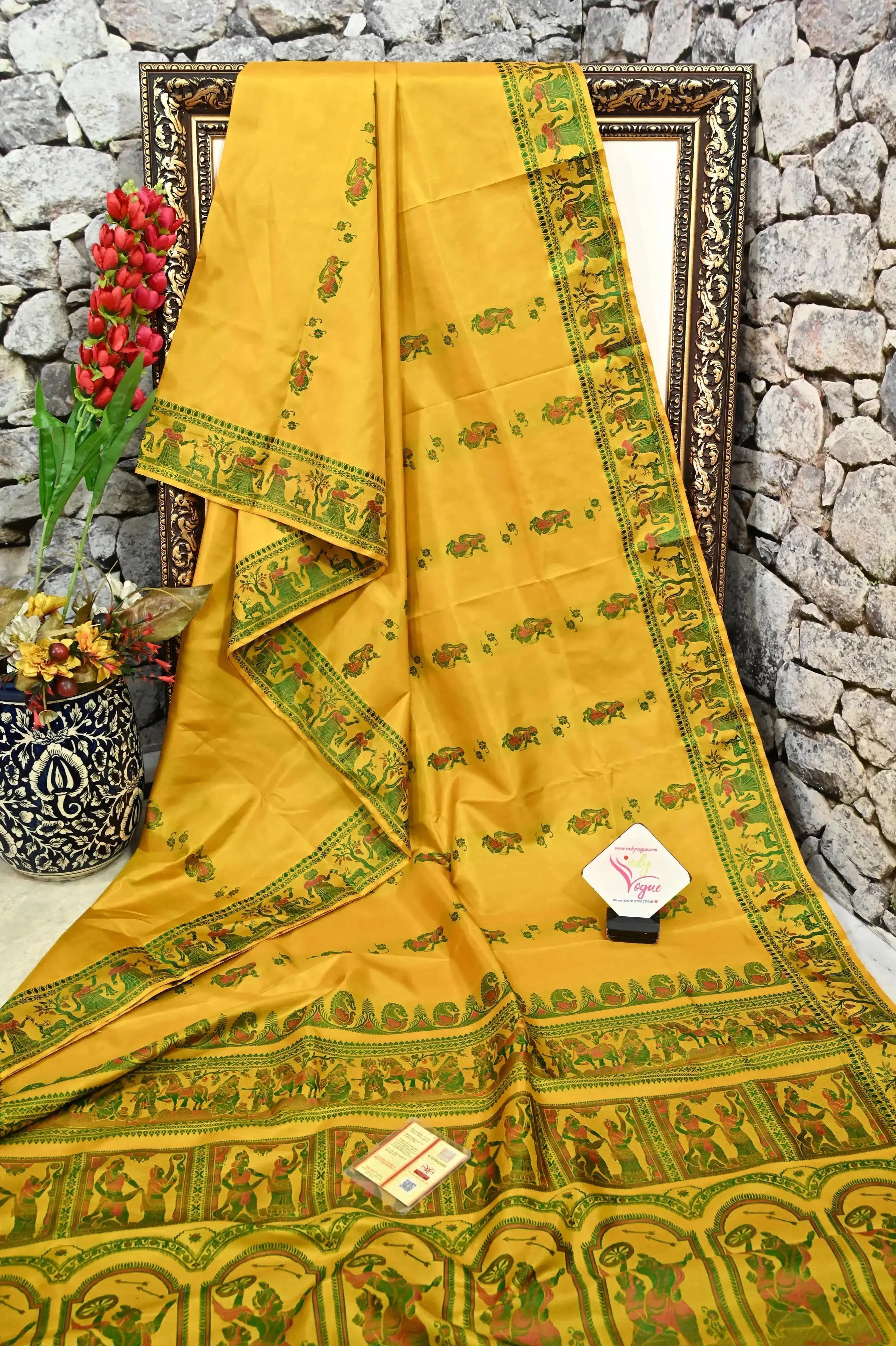 Yellow Color Pure Baluchari Silk Saree with Green and Red Meenakari Work on Border and Pallu