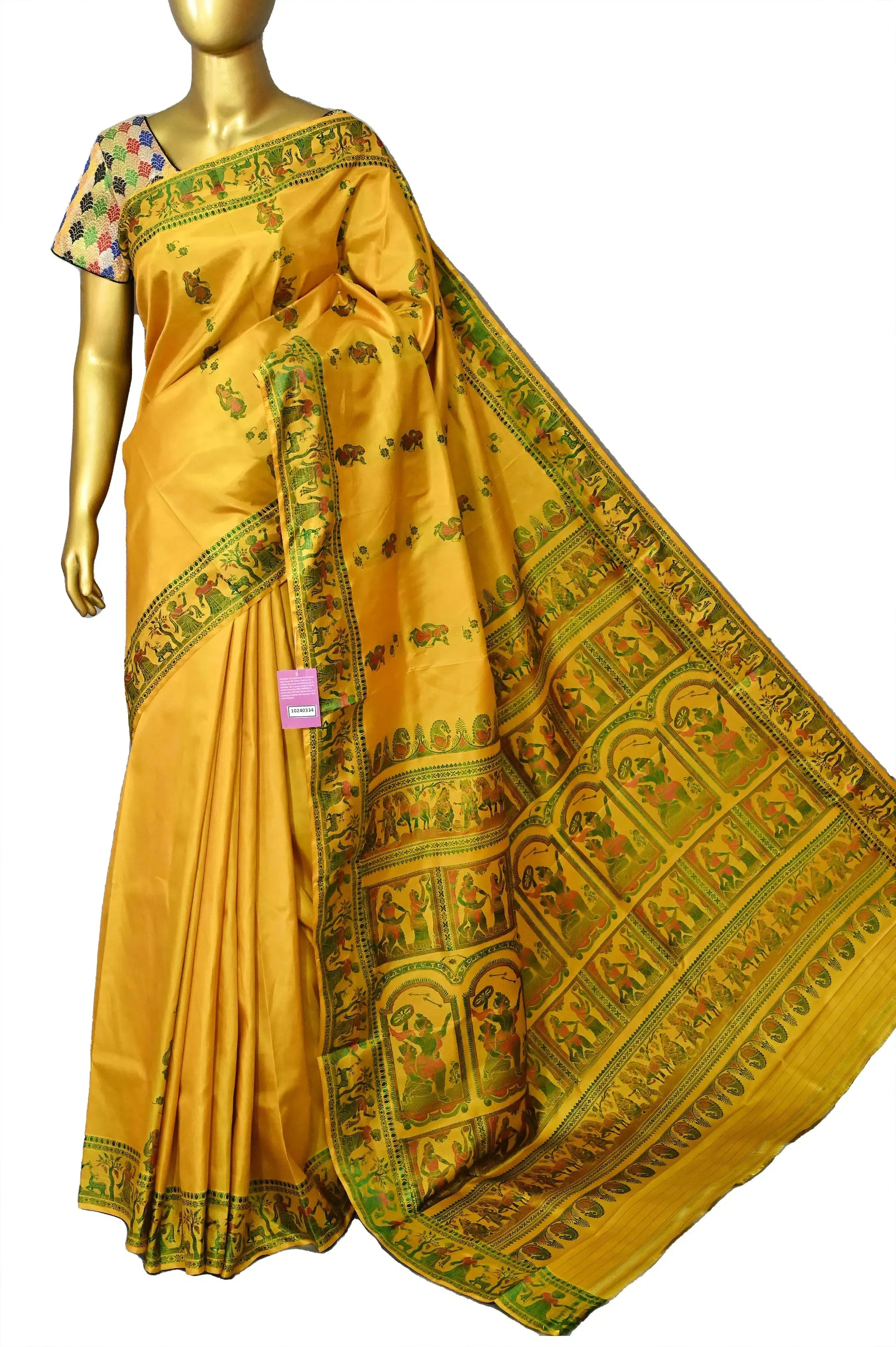 Yellow Color Pure Baluchari Silk Saree with Green and Red Meenakari Work on Border and Pallu