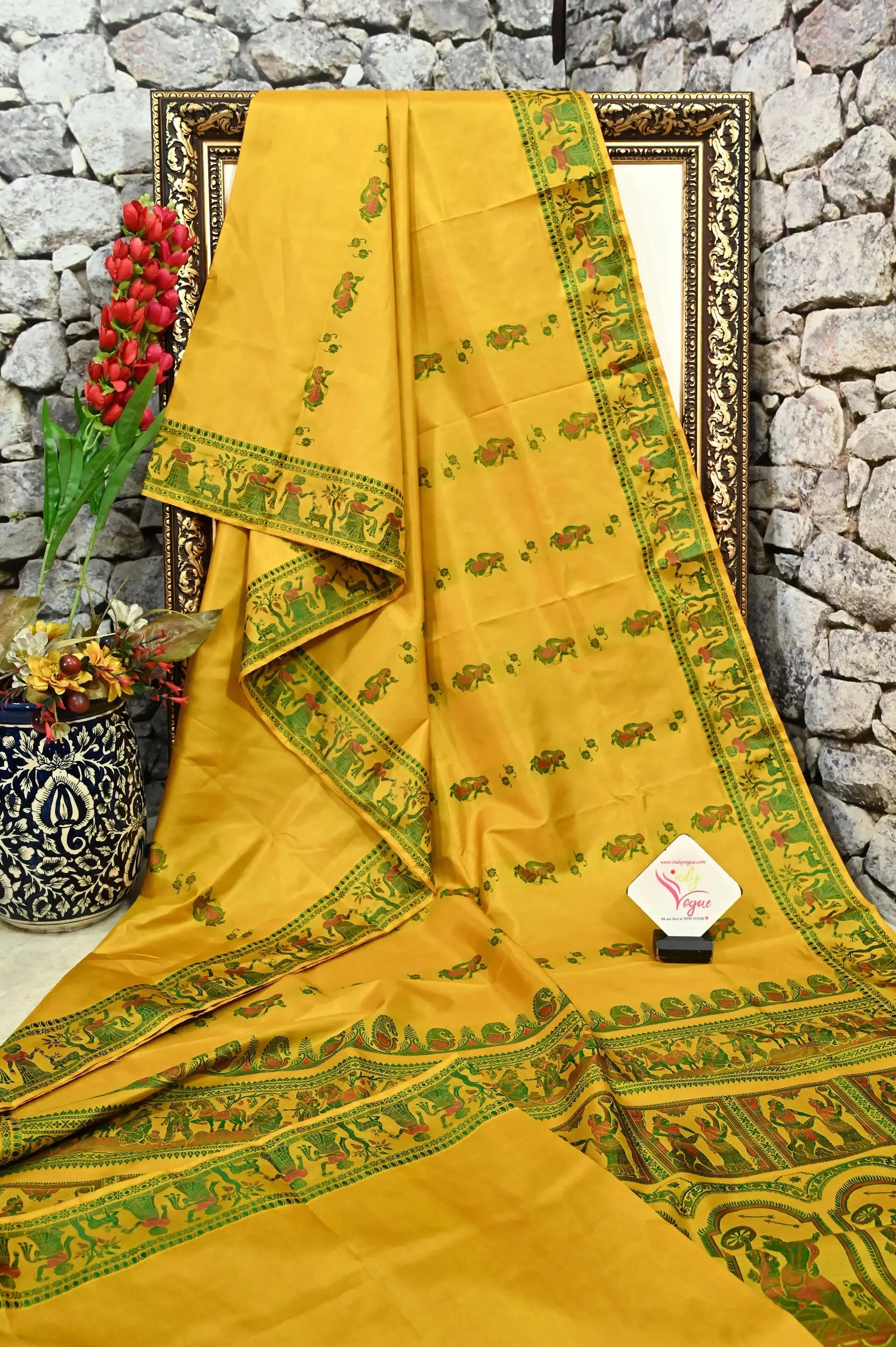 Yellow Color Pure Baluchari Silk Saree with Green and Red Meenakari Work on Border and Pallu